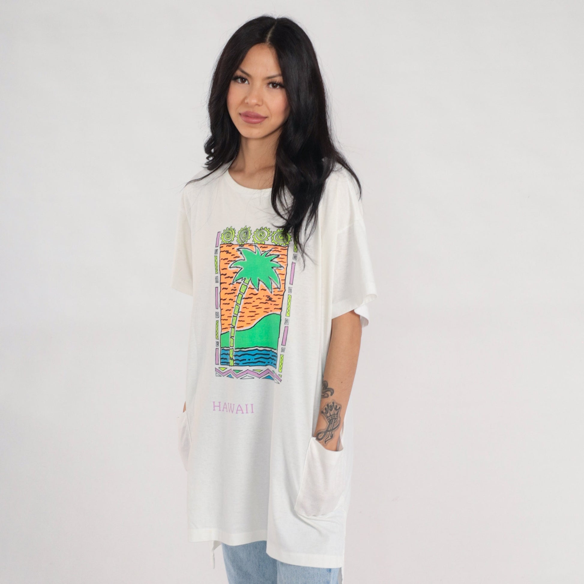 90s Hawaii Palm Tree Graphic T-Shirt Dress White Tropical Print Medium Large