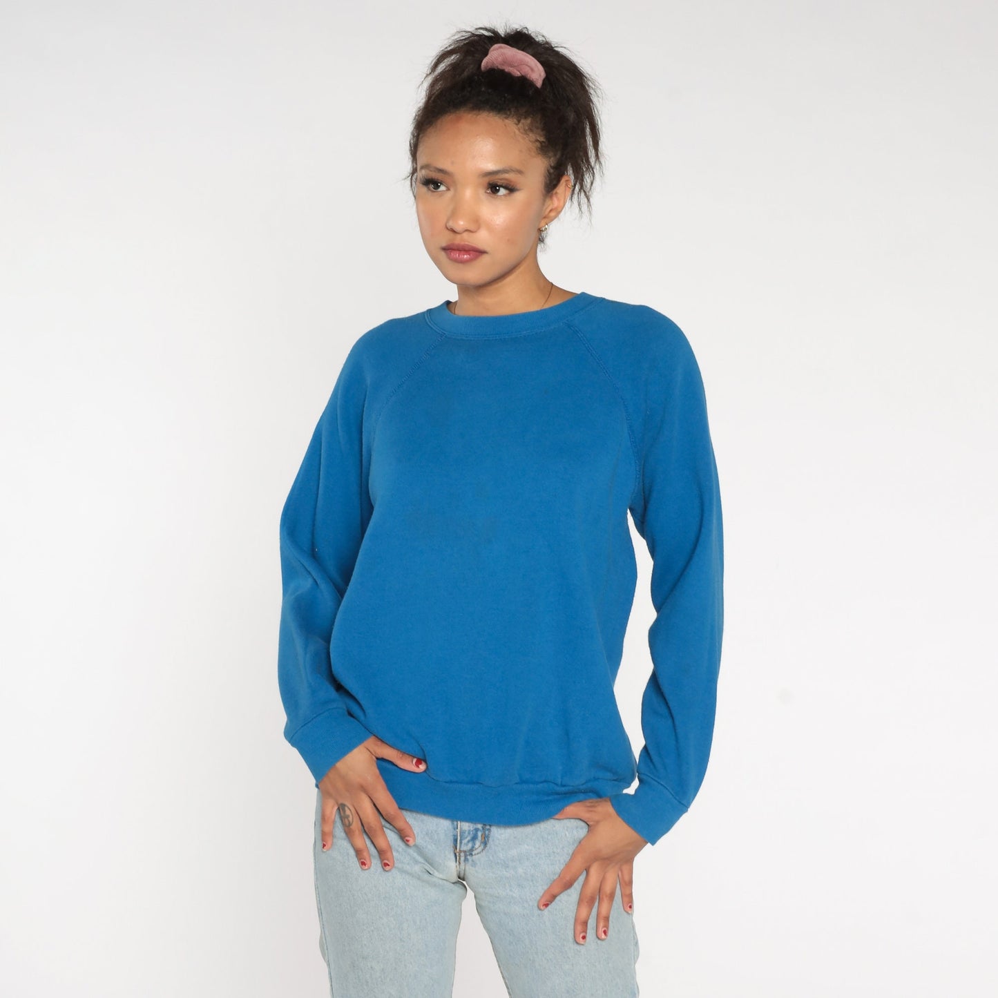 80s Tultex Blue Crewneck Sweatshirt Raglan Sleeve Vintage Large L