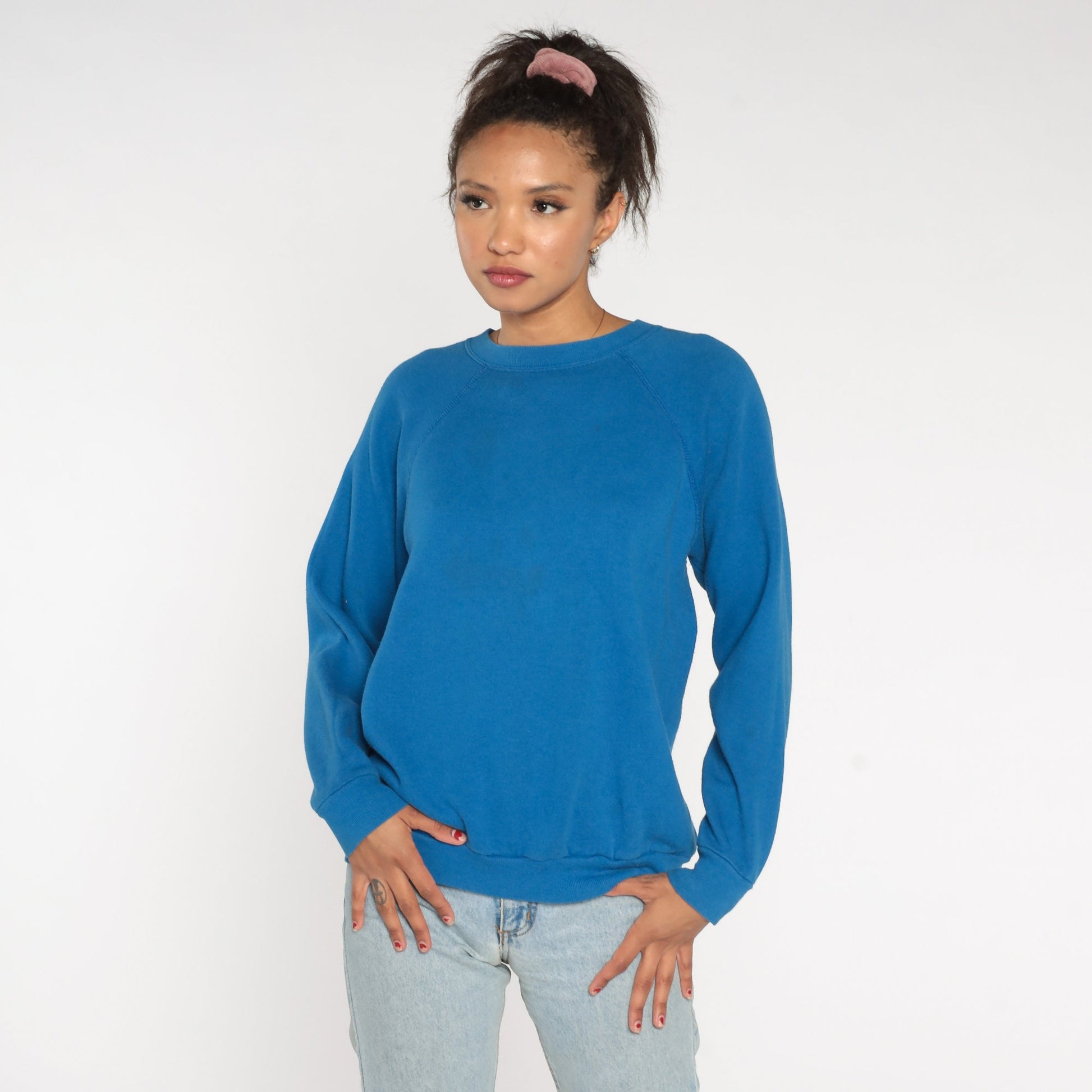80s Tultex Blue Crewneck Sweatshirt Raglan Sleeve Vintage Large L