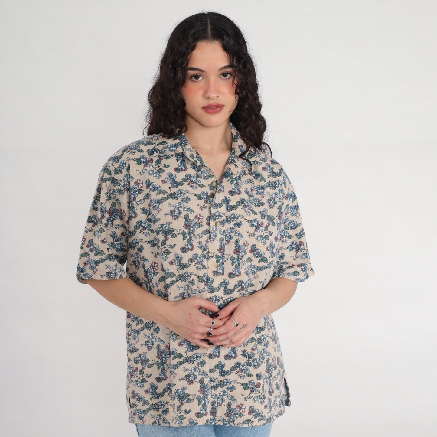 90s Beige Floral Button-Up Shirt Men's Large Short Sleeve Collared