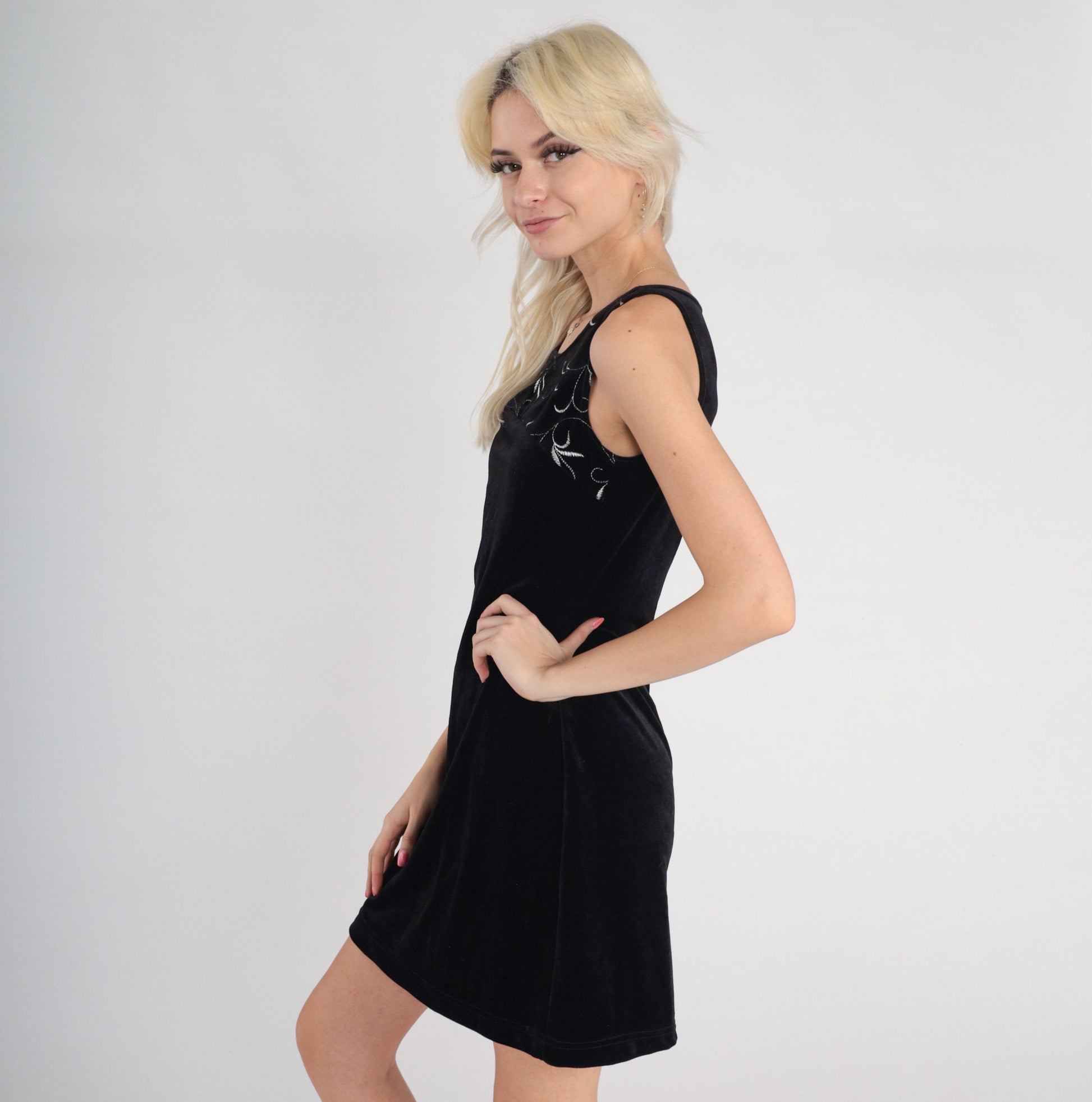 90s Black Velour Mini Dress Sleeveless Shift Vine Embroidery XS
