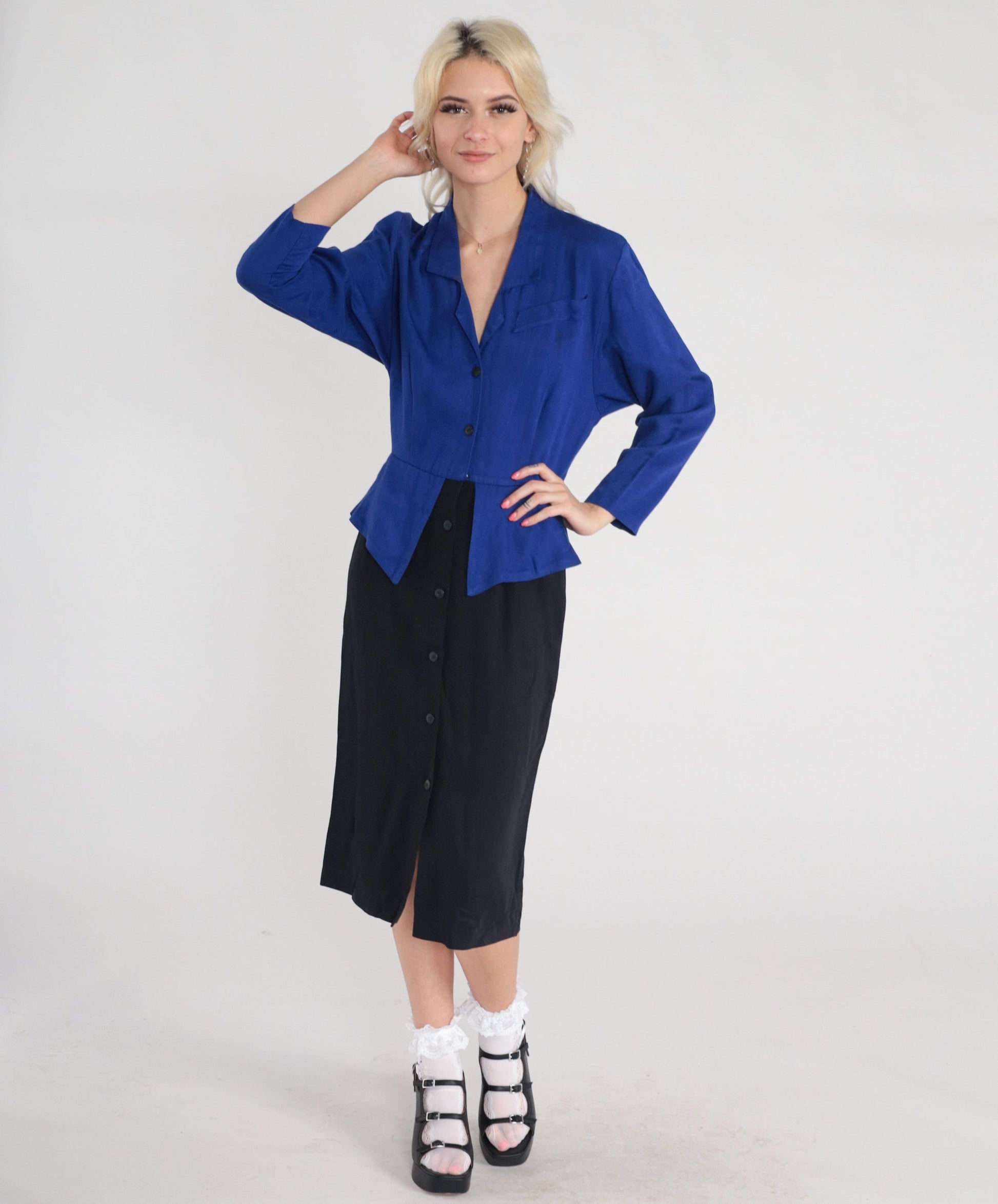 90s Carol Anderson Peplum Midi Dress Blue Black Button-Up Long Sleeve XS