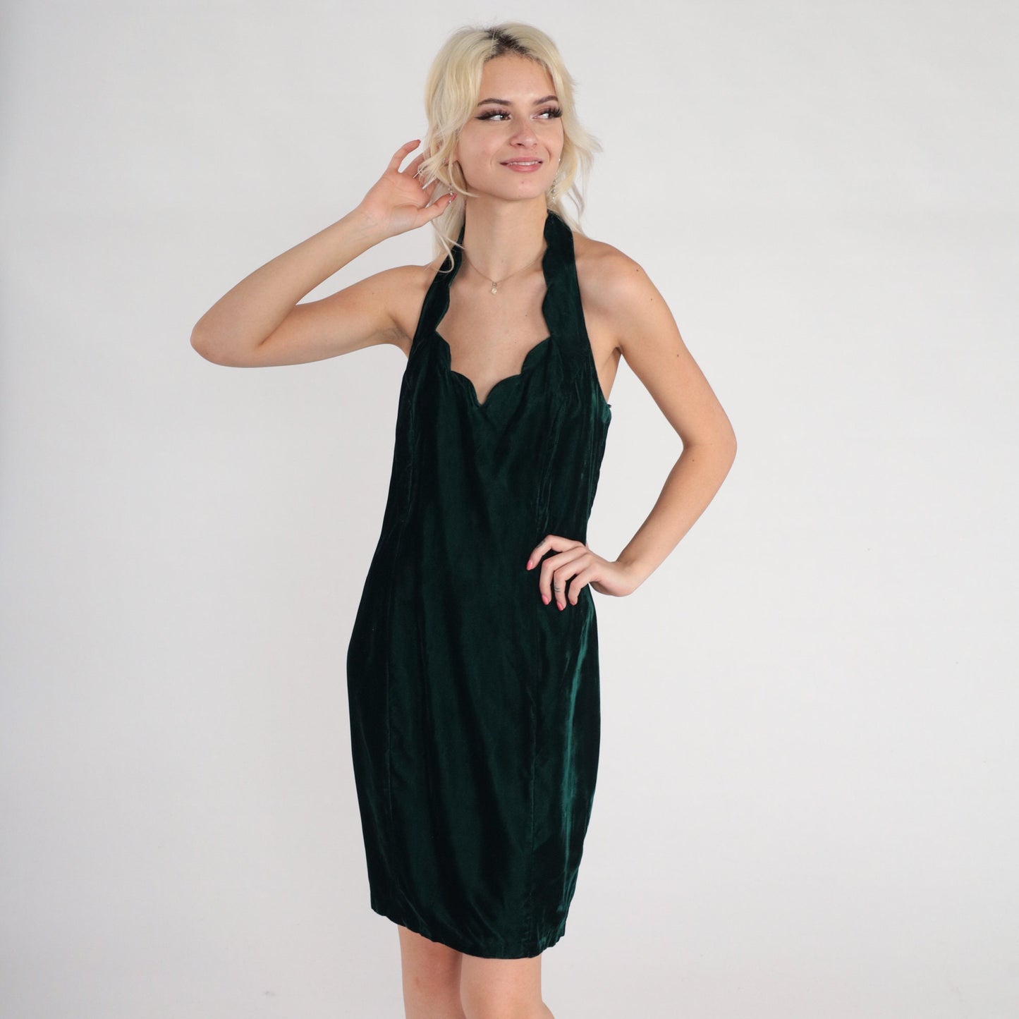 90s Dark Green Velvet Mini Dress Scalloped Halter Open Back Small