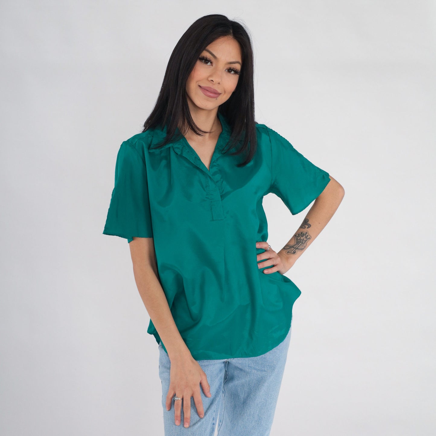 80s You Babes Green Collared Blouse Slit Sleeve V-Neck Medium Large