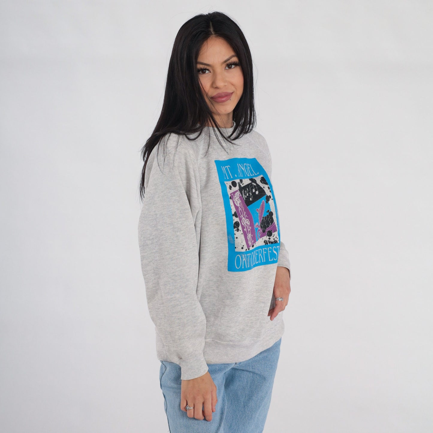90s Mt. Angel Oktoberfest Oregon Raglan Sweatshirt Heather Grey Graphic Large