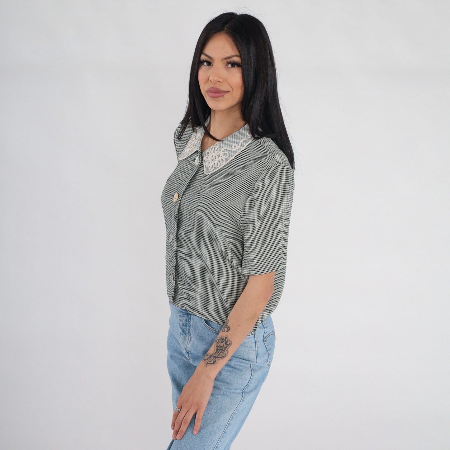 90s Black White Gingham Button-Up Blouse Soutache Collar Short Sleeve Medium M