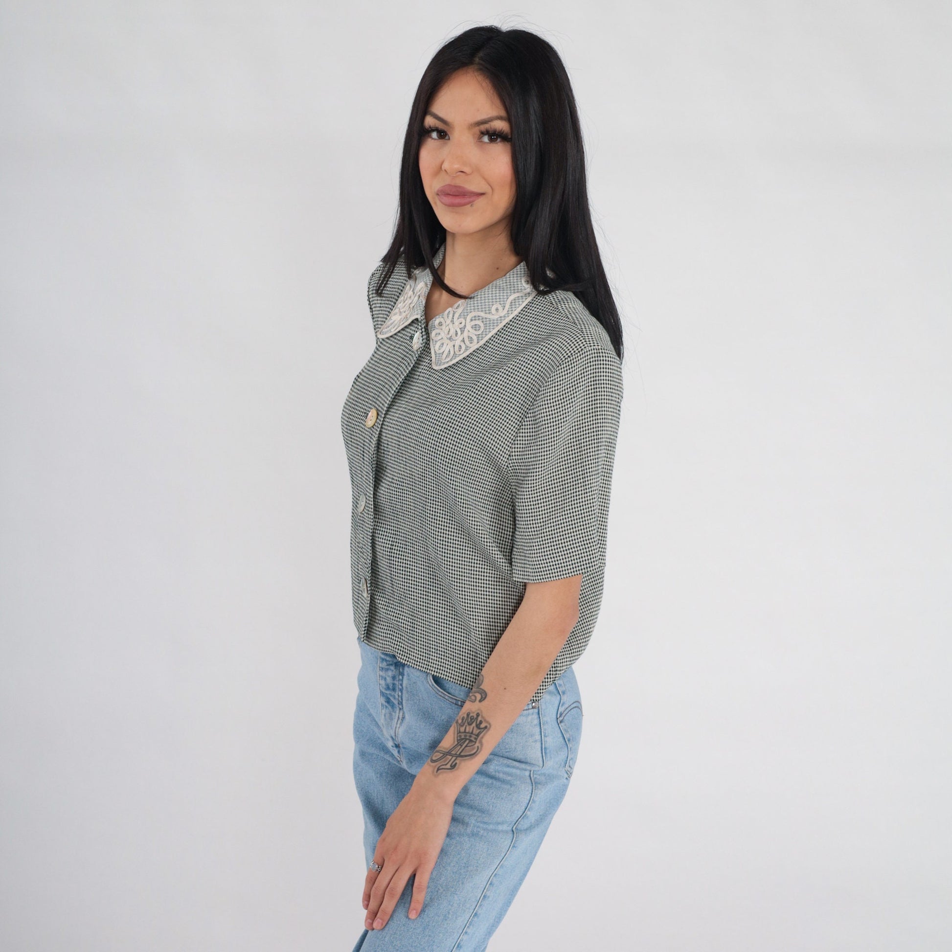 90s Black White Gingham Button-Up Blouse Soutache Collar Short Sleeve Medium M