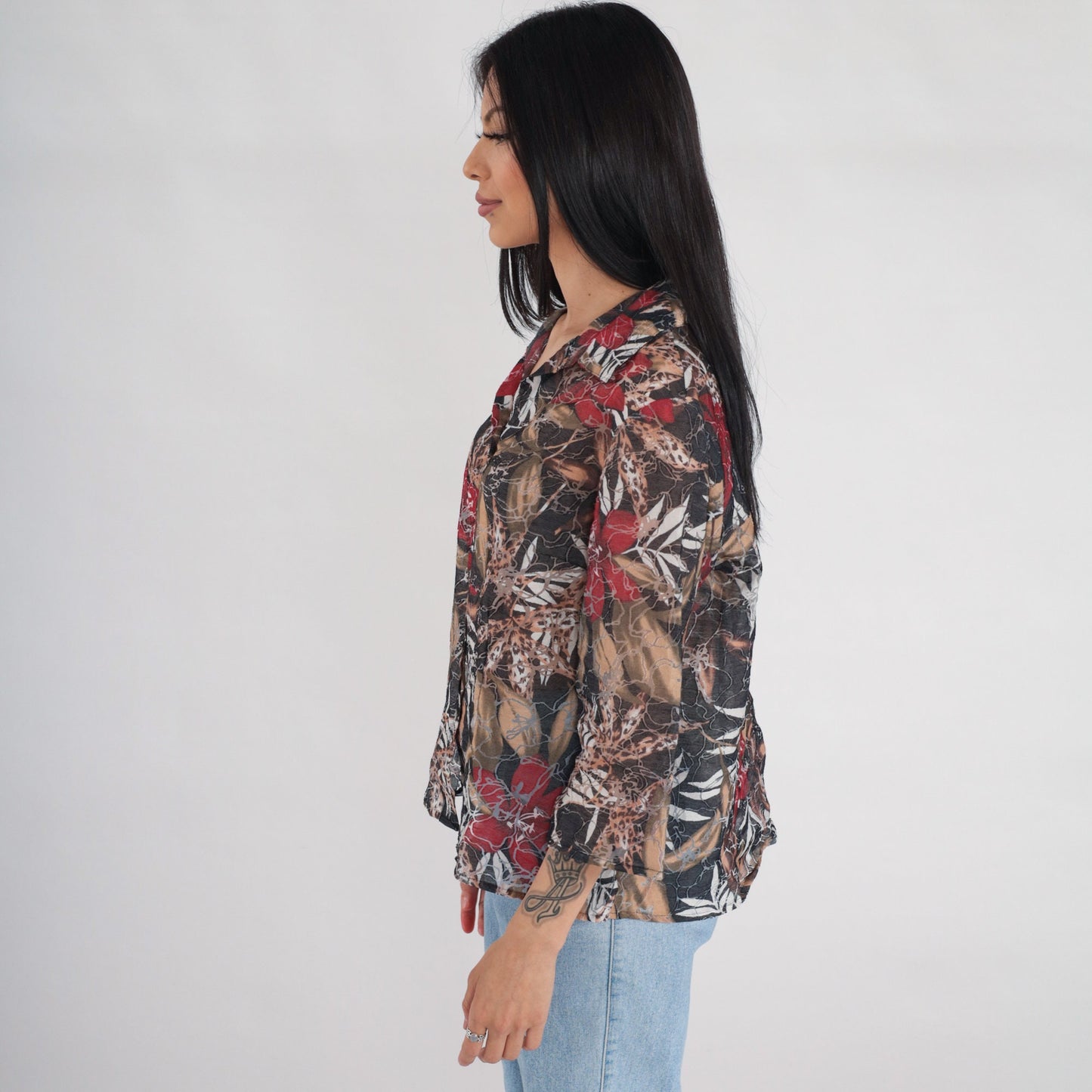Y2K Abstract Floral Leopard Leaf Print Button-Up Blouse 3/4 Sleeve Grey Red Brown Large L