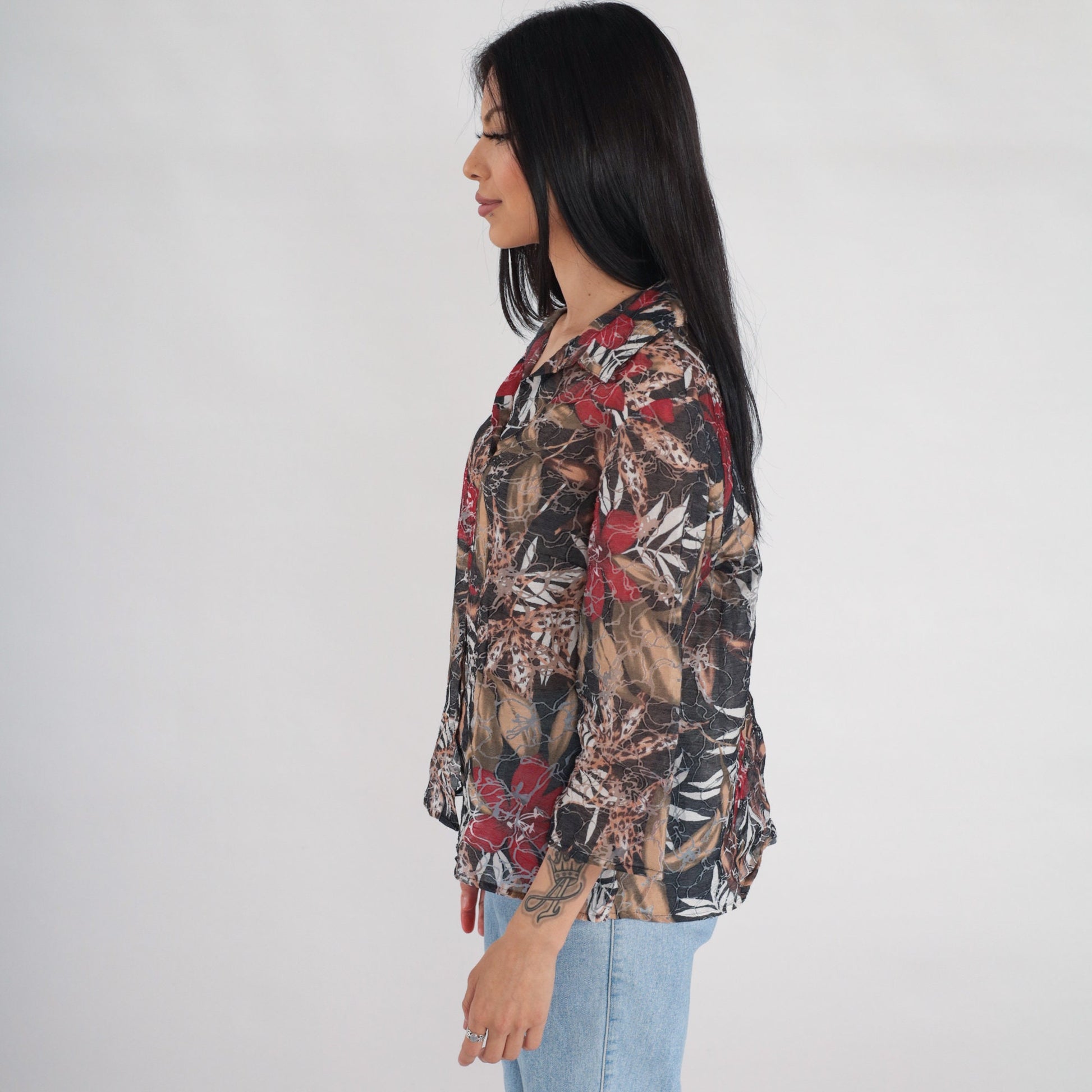 Y2K Abstract Floral Leopard Leaf Print Button-Up Blouse 3/4 Sleeve Grey Red Brown Large L