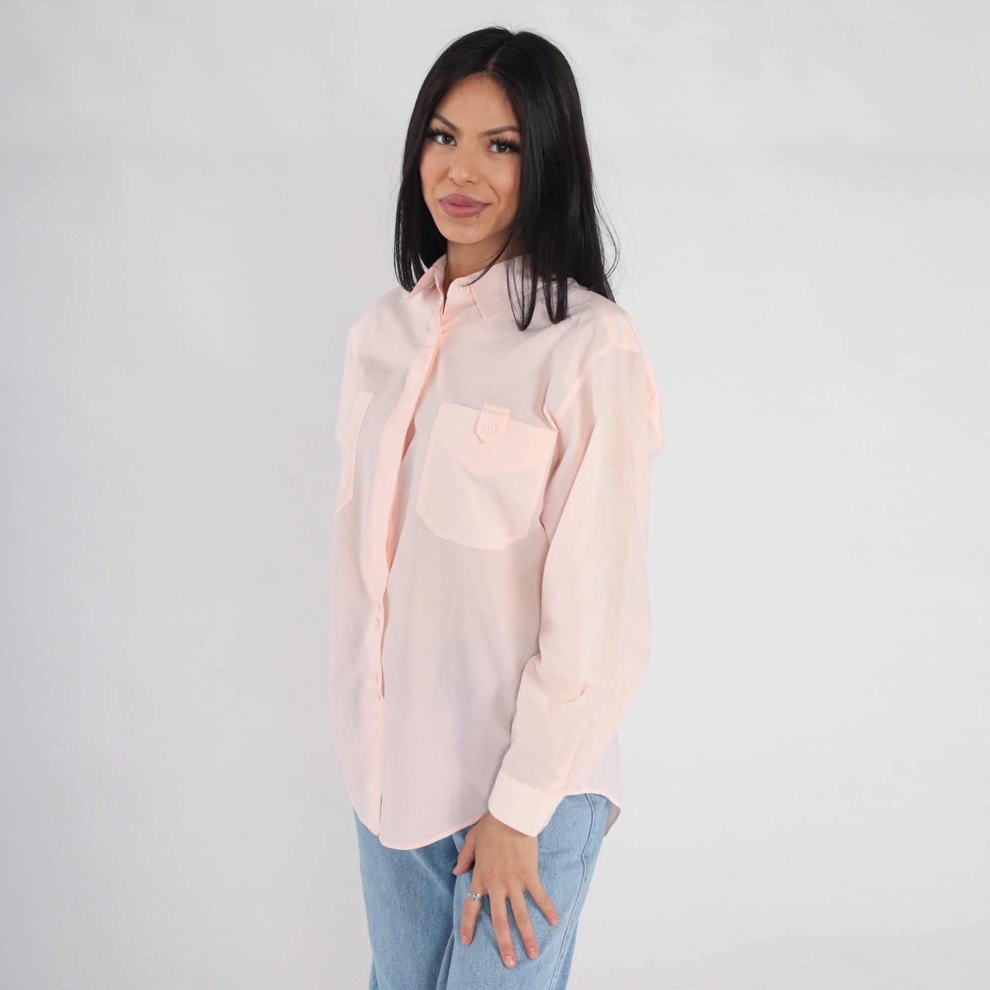 90s Baby Pink Semi-Sheer Button-Up Blouse Collared Long Sleeve Medium