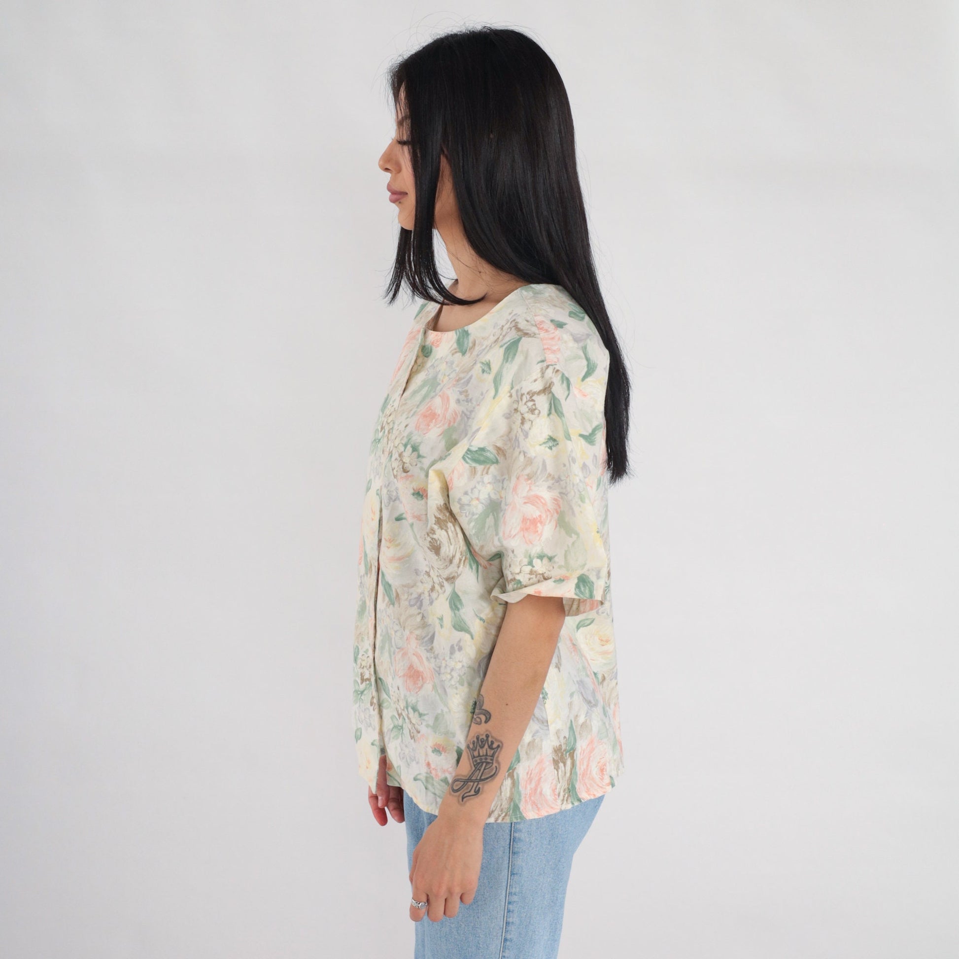90s Floral Rose Print Button-Up Blouse Short Sleeve Cream Pink Green Large L