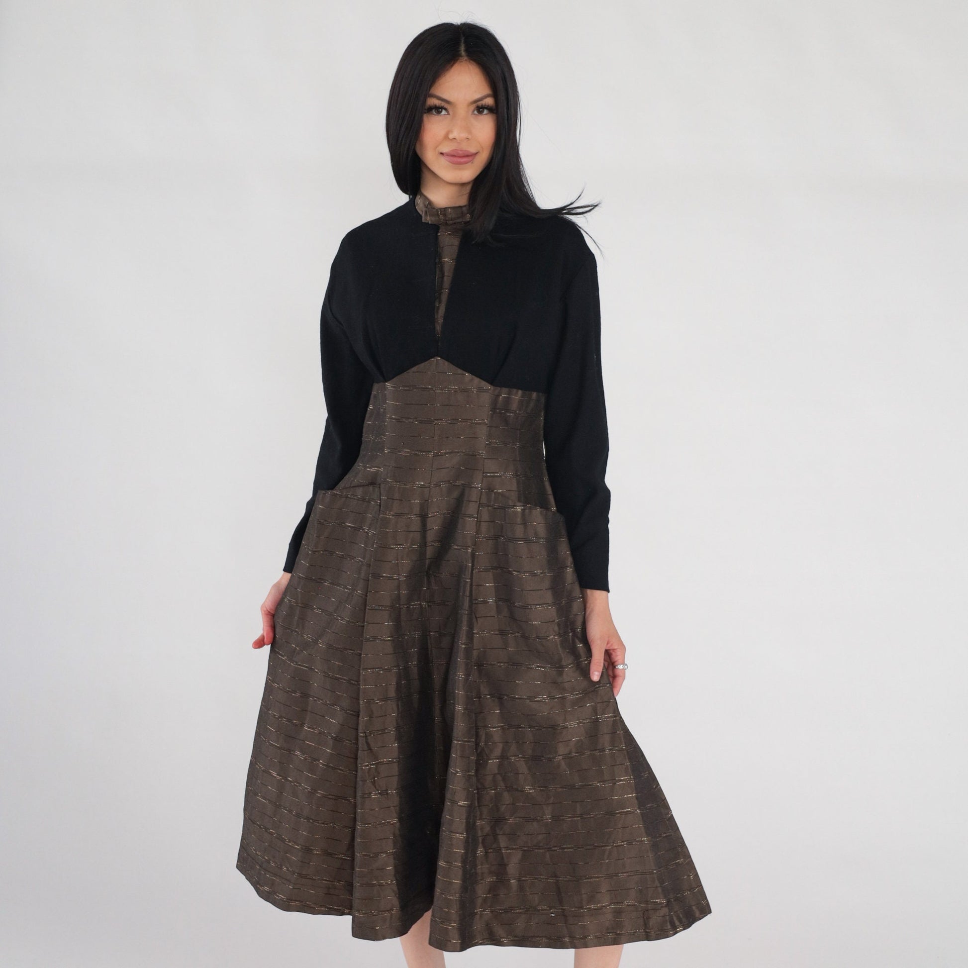 1950s Metallic Striped Brown Wool Midi Dress Black Bow High Neck Medium