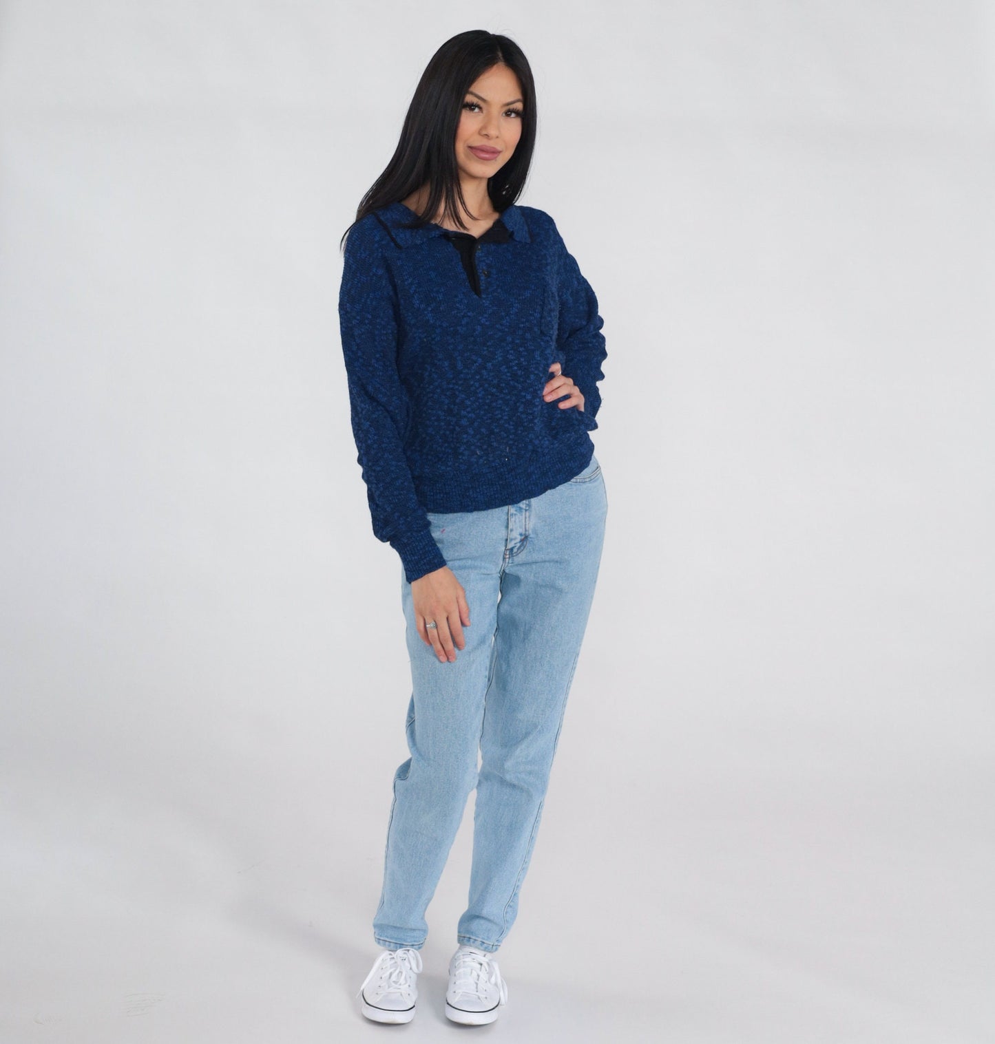 80s Dark Blue Flecked Knit Collared Sweater Quarter Button Pullover Medium Large