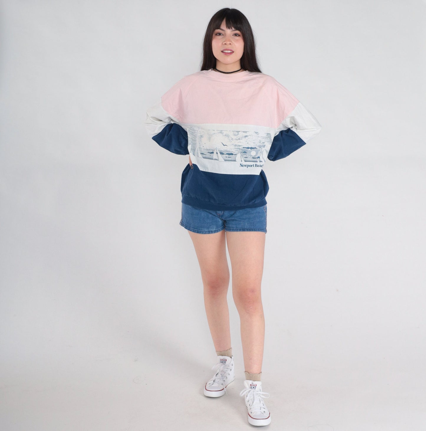 80s Newport Beach Sailboat Sweatshirt Pink White Blue Striped Raglan Medium
