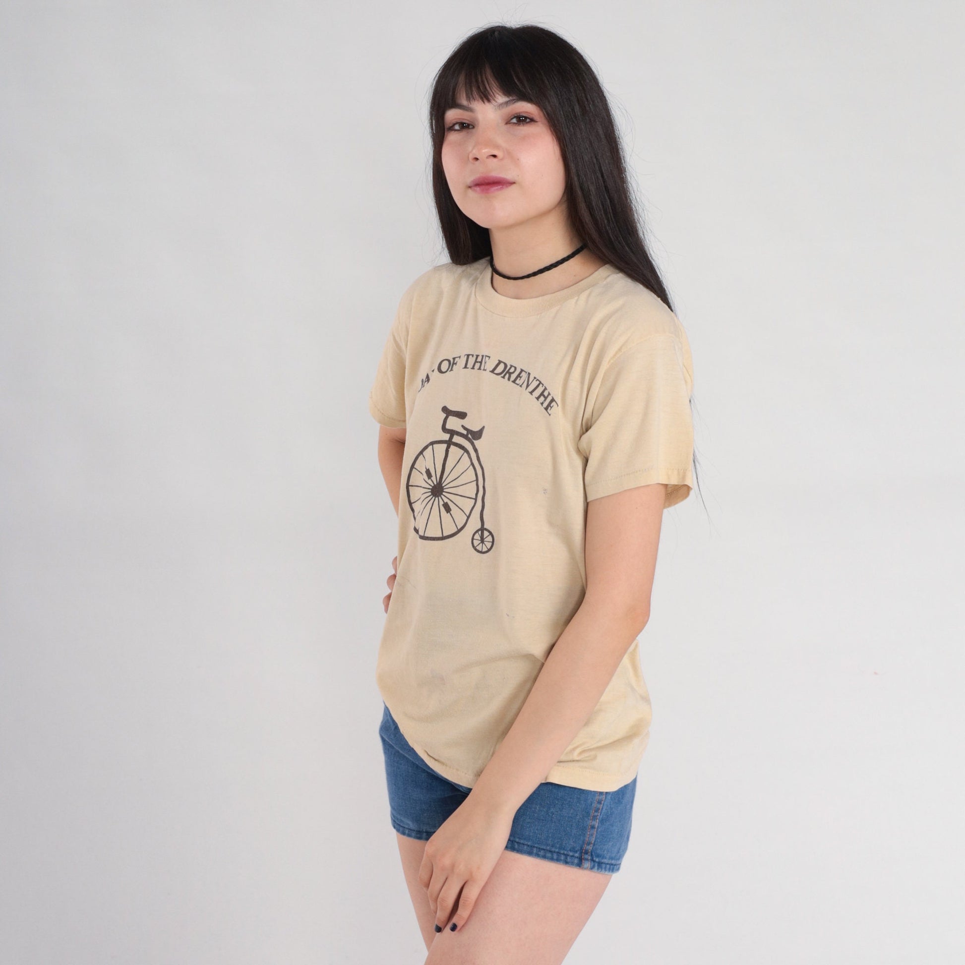 80s Day of the Drenthe Cycling Graphic T-Shirt Penny-Farthing Tan Single Stitch Small