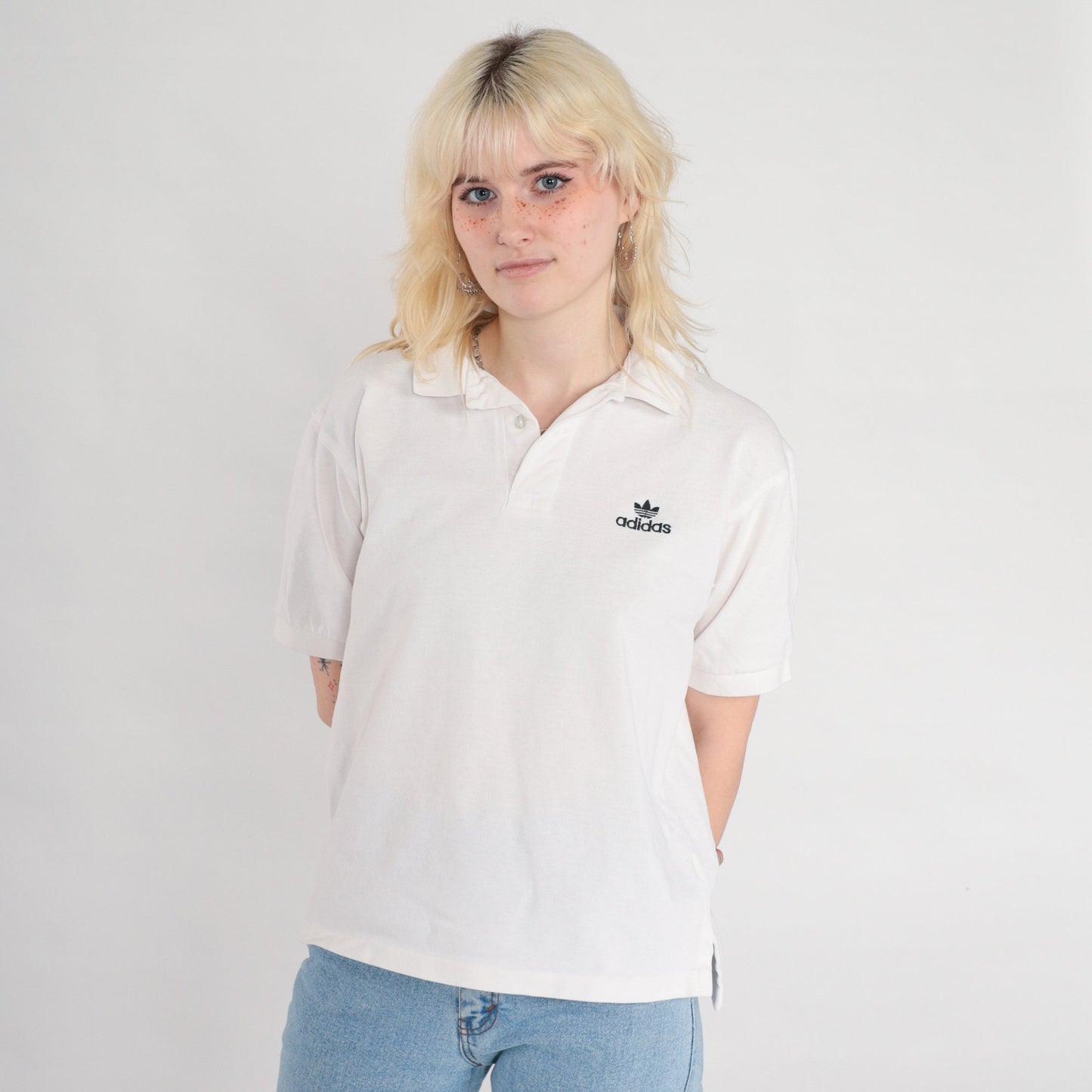 Adidas Polo Shirt 00s White Quarter Button Collared Short Sleeve Men's Small