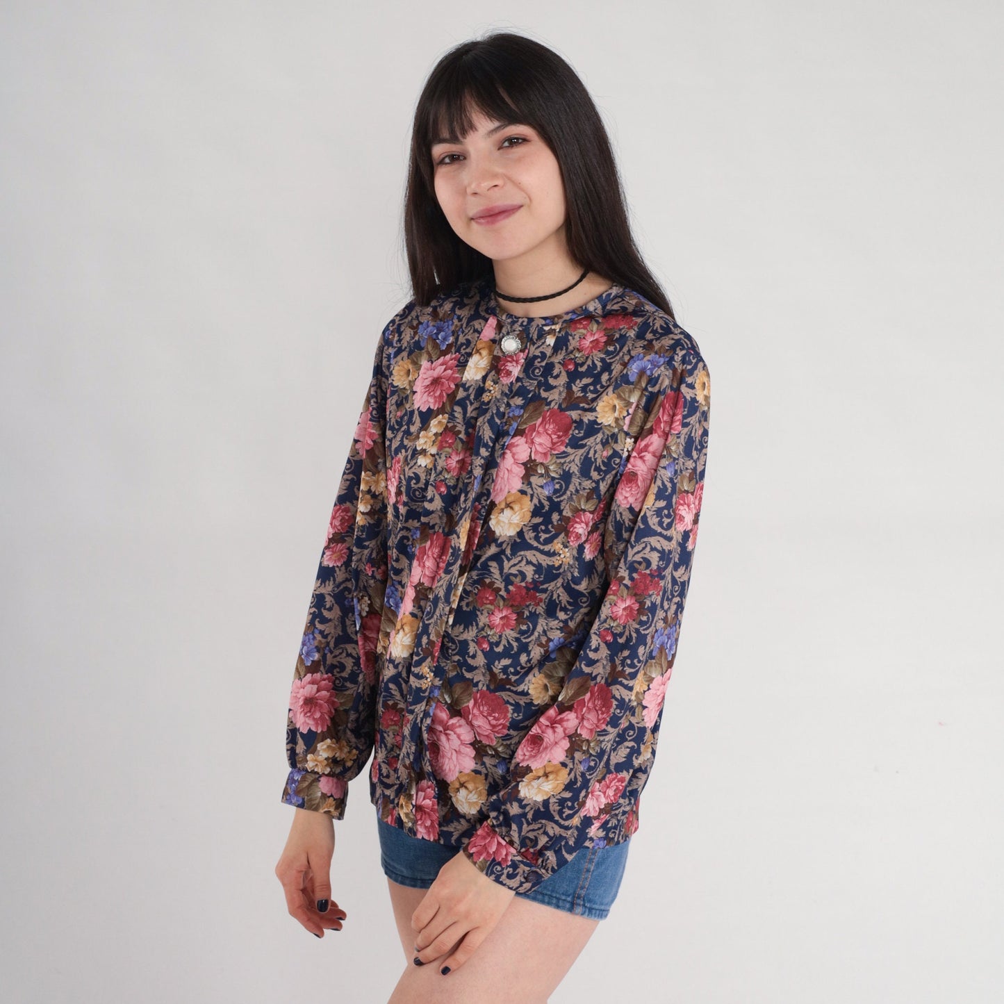 80s Blue Floral Pleated Blouse Long Sleeve Rose Leaf Print Tuxedo Top Medium