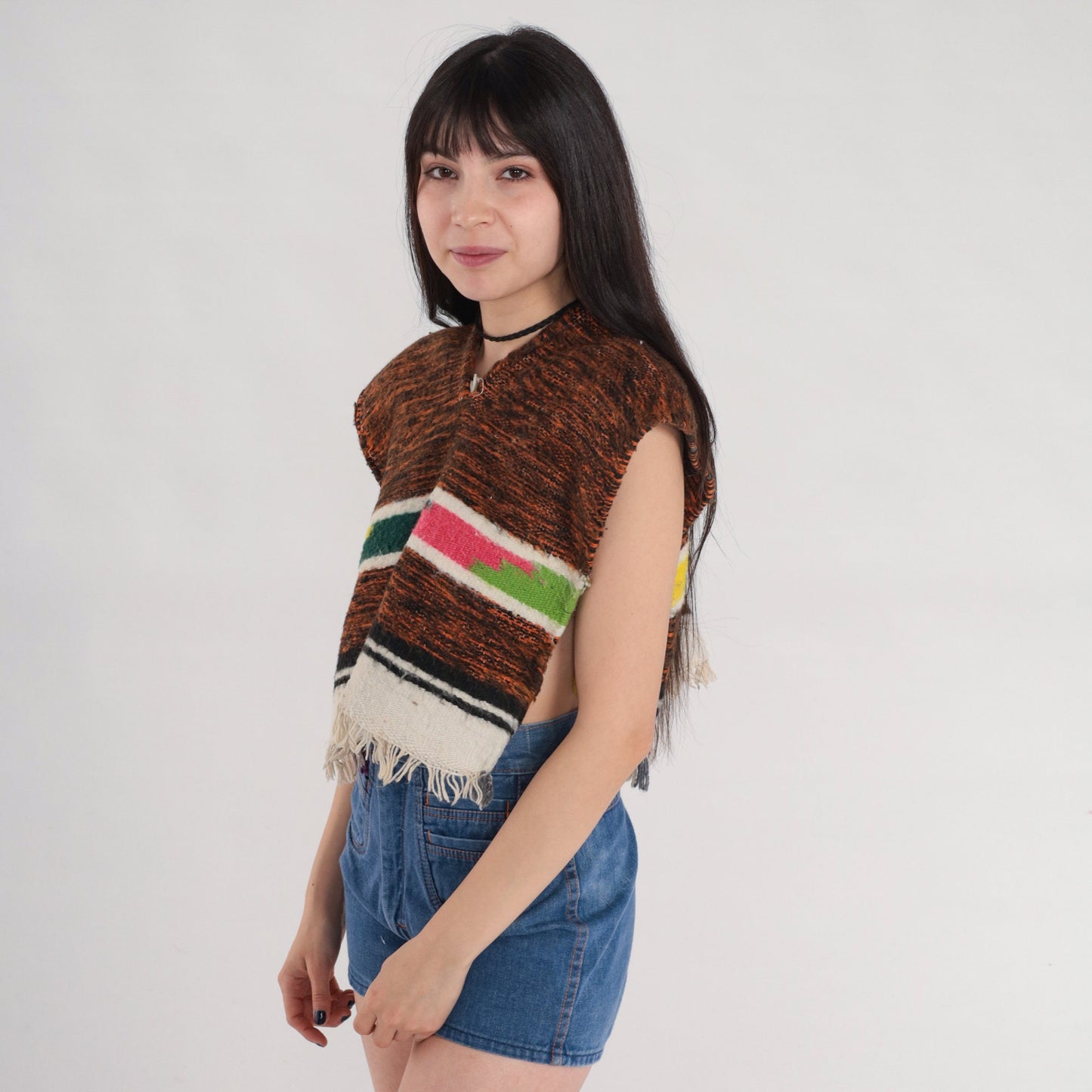 80s Woven Poncho Brown Southwestern Fringe Open Side Cape Extra Small