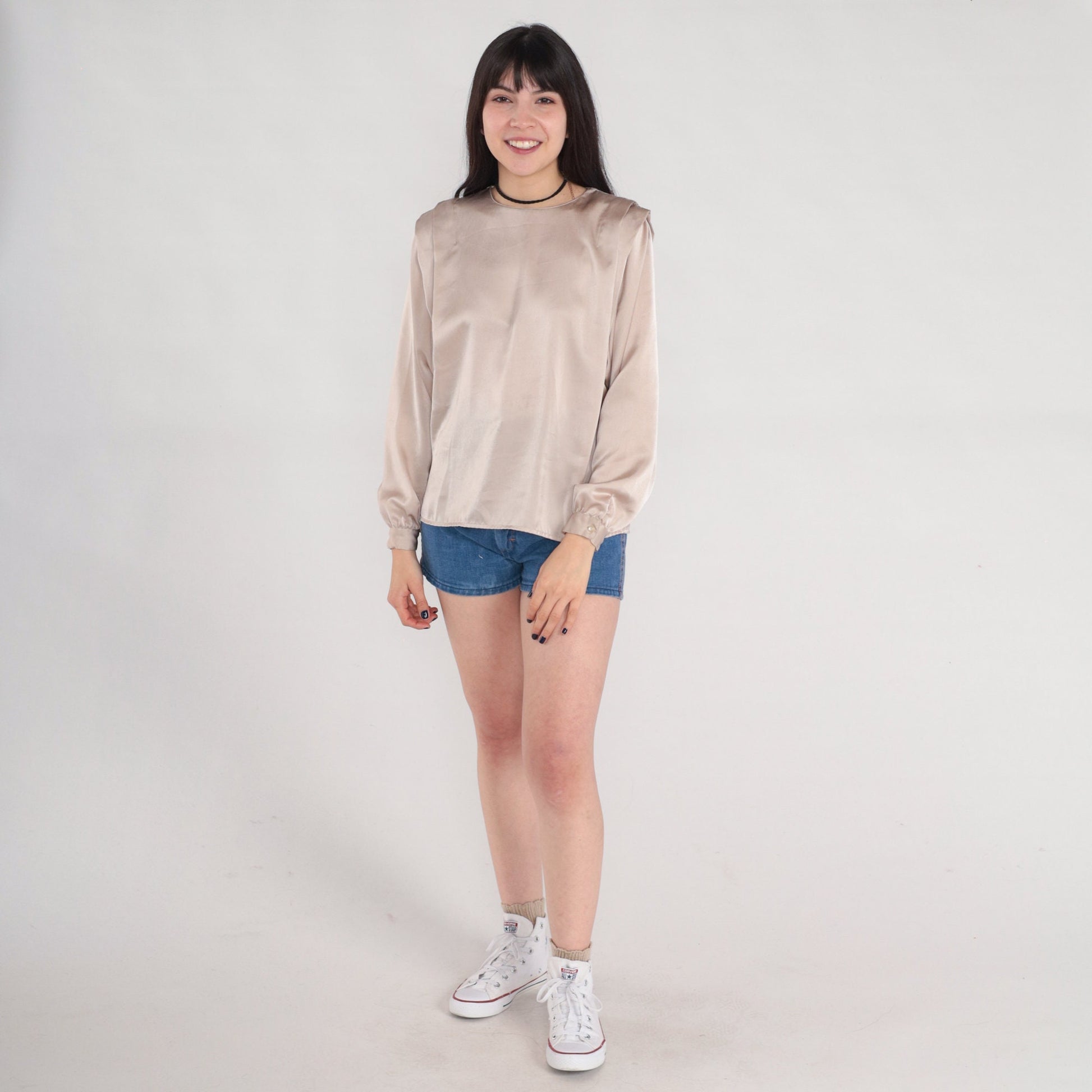 80s Champagne Pleated Blouse Long Sleeve Button Back Shiny Top Small