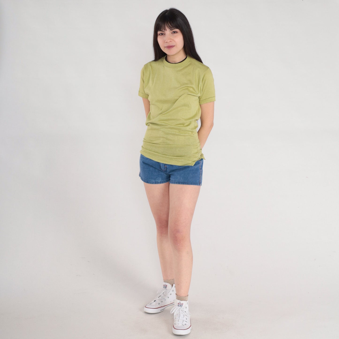 80s Green Cotton T-Shirt Single Stitch Crew Neck Plain Tee Medium M