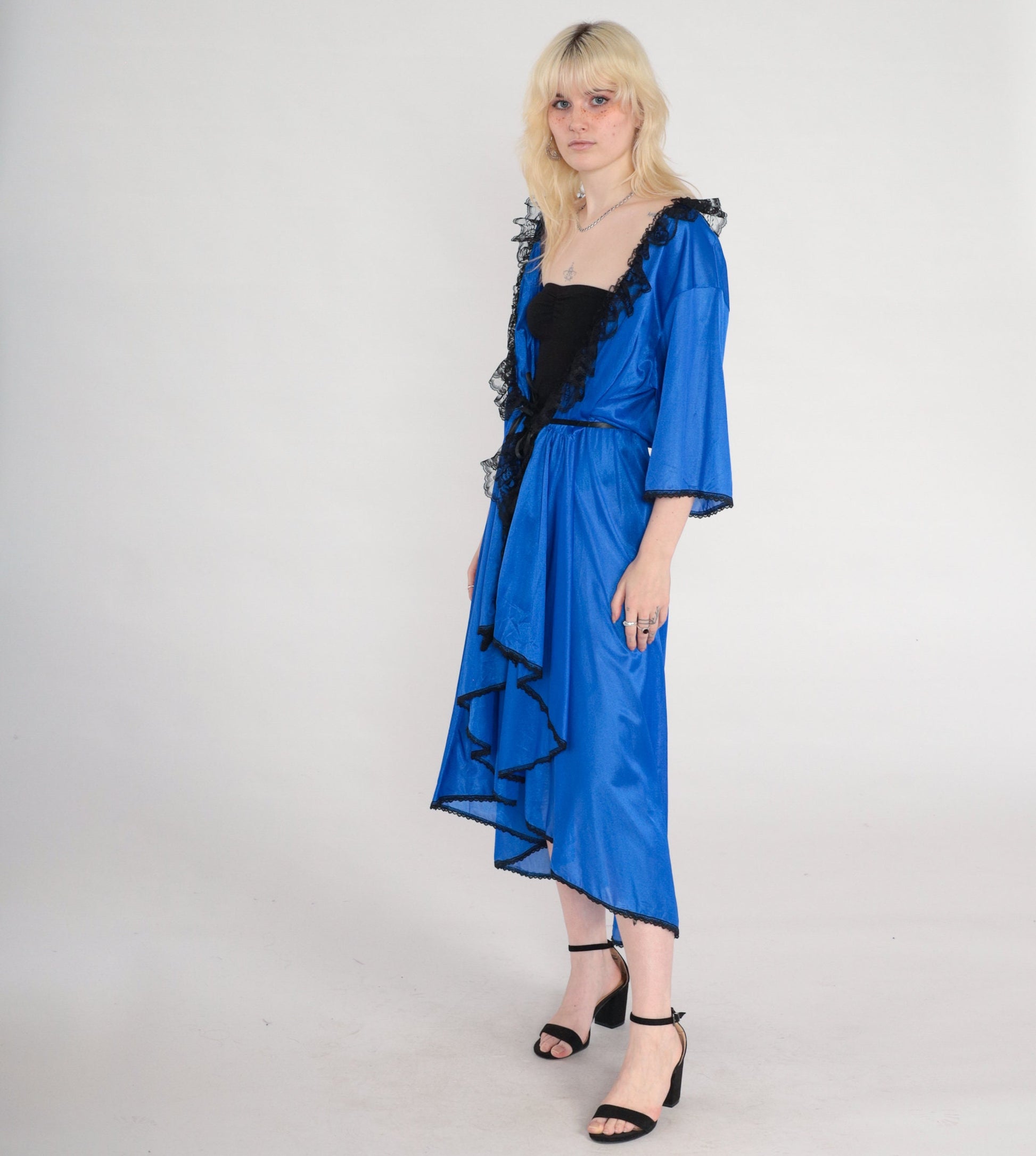 80s Frederick's of Hollywood Blue Lace Lingerie Robe High Low Hem Medium