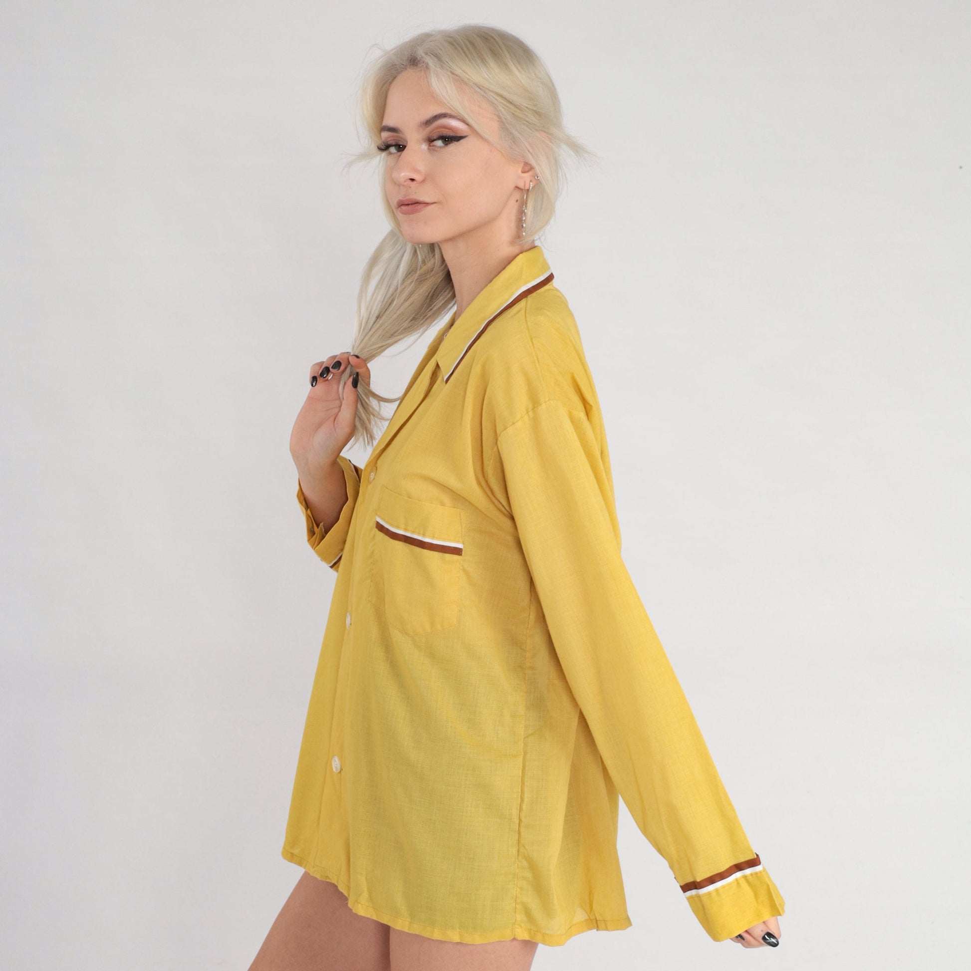 70s Selkirk Mustard Yellow Pajama Shirt Button-Up Long Sleeve Large