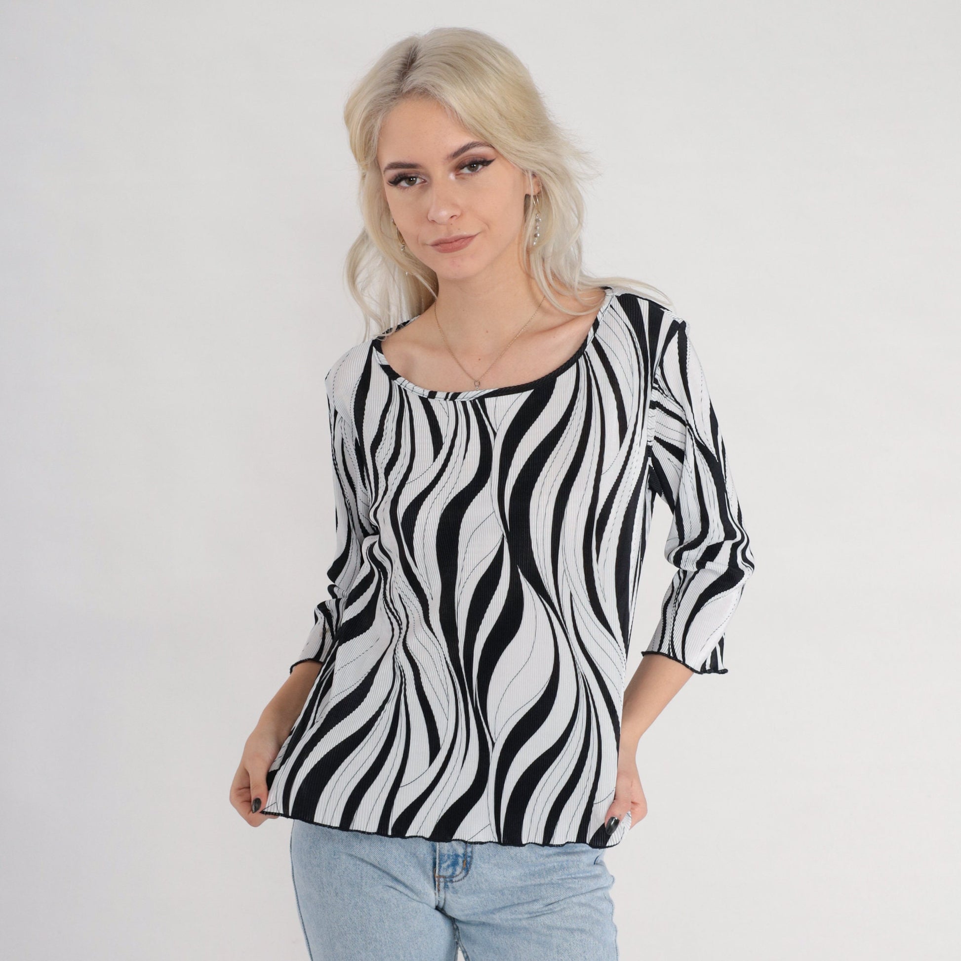 00s Black and White Abstract Pleated Blouse Zebra Print 3/4 Sleeve Medium Large