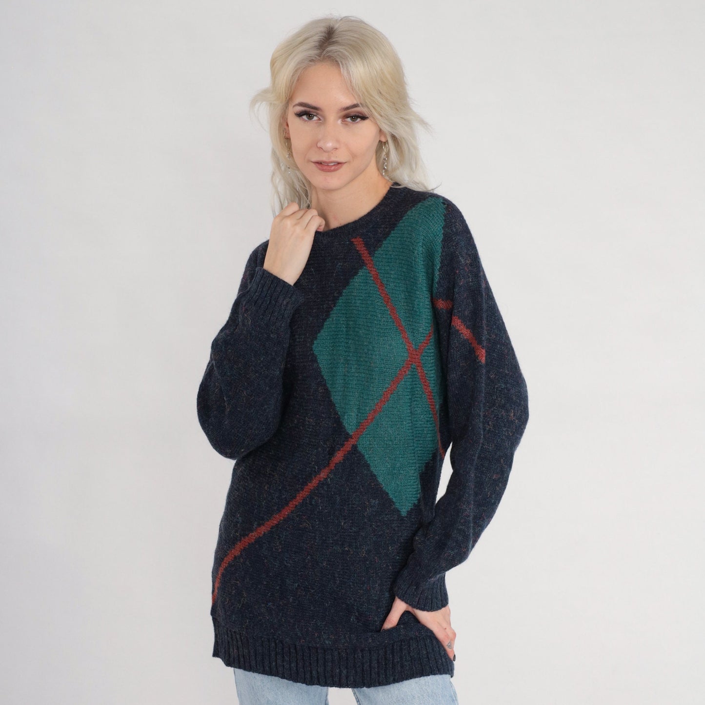80s Navy Argyle Diamond Knit Crewneck Pullover Sweater Small S