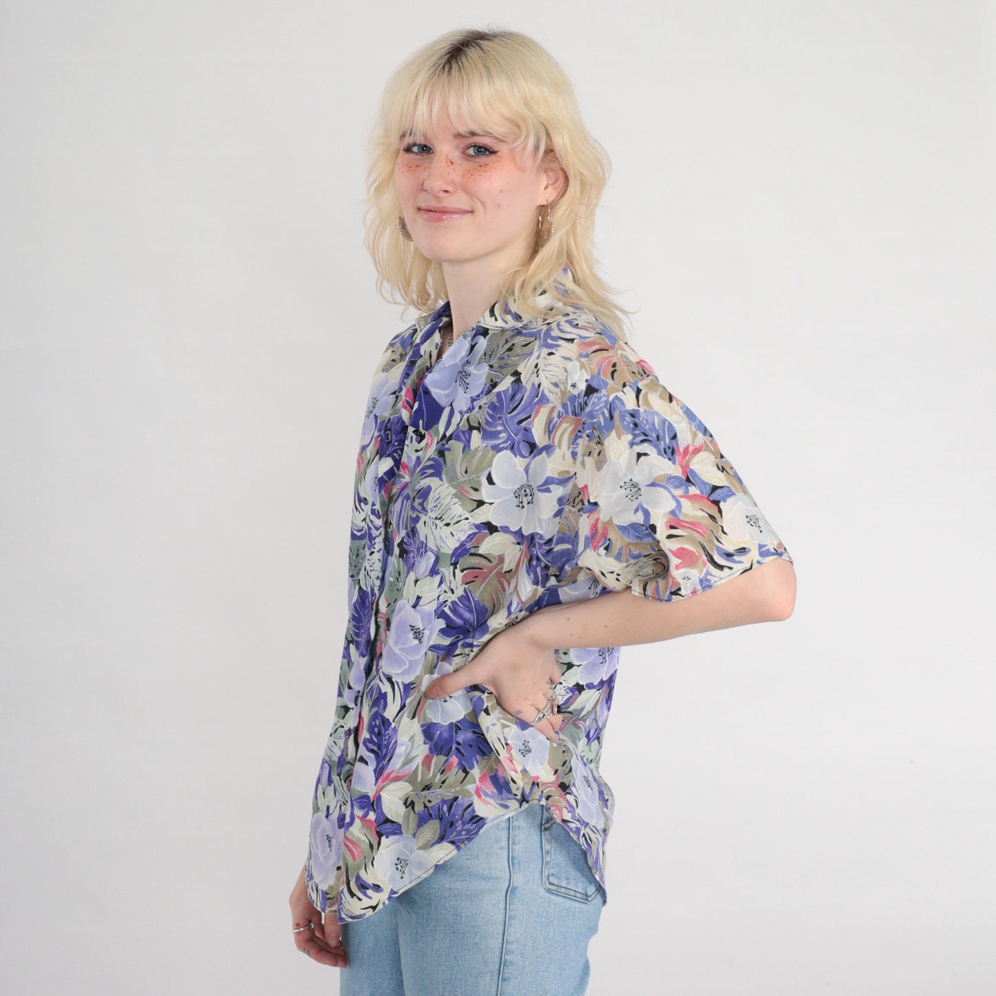 80s Floral Button Up Blouse Purple Green Short Sleeve Tropical Print Medium