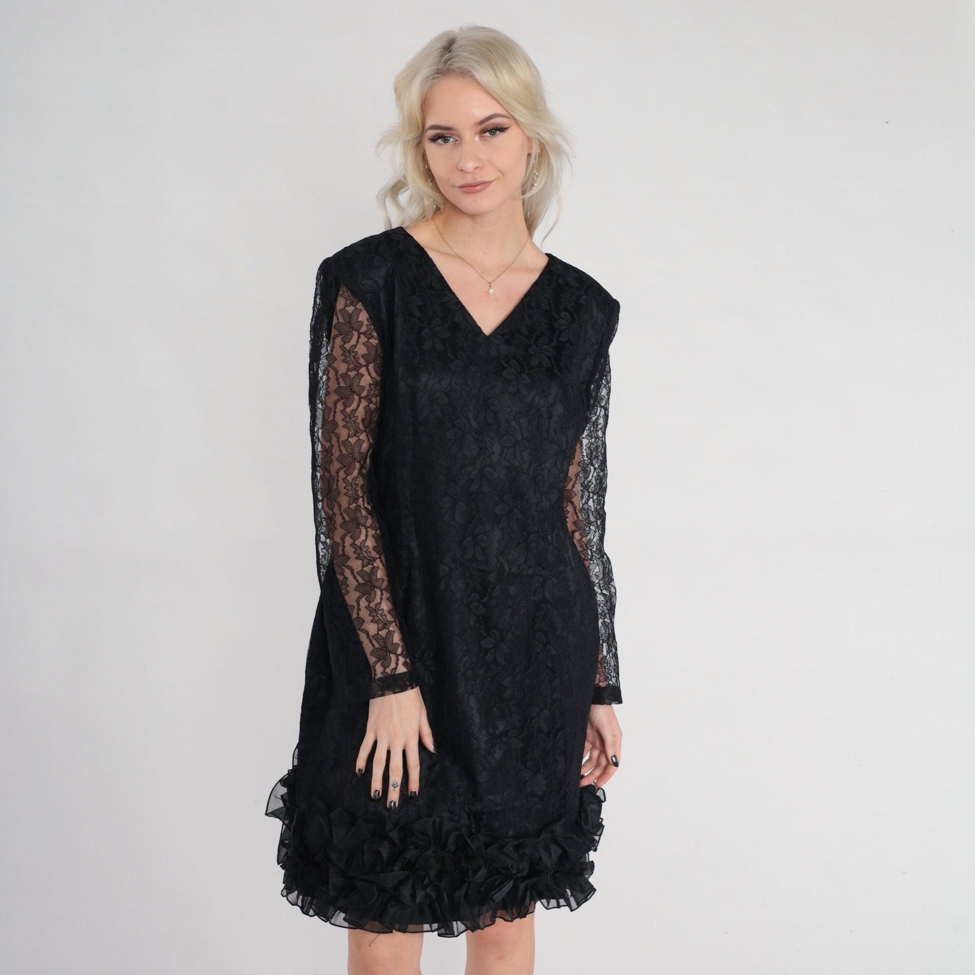 80s Black Lace Mini Dress V-Neck Ruffled Hem Long Sheer Sleeve Medium