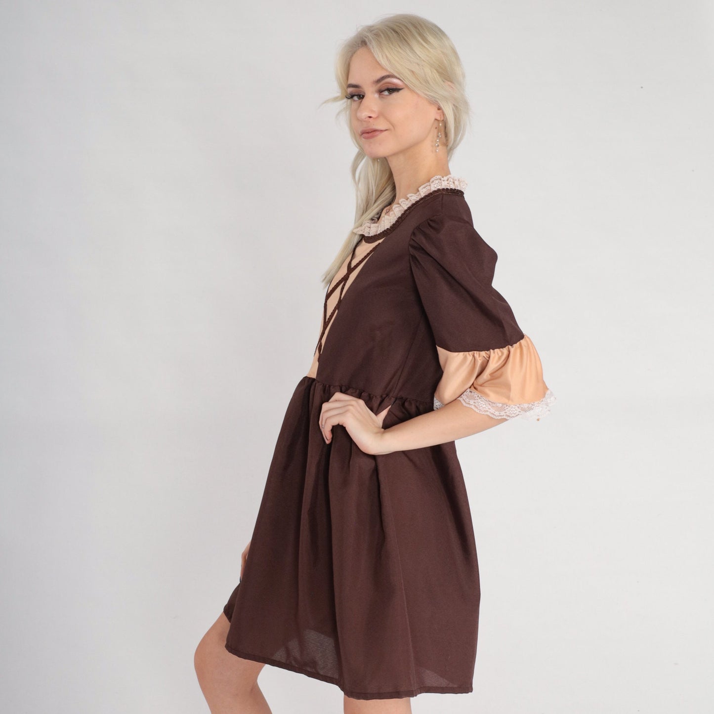 Y2K Brown Cotton Mini Dress Puff Sleeve Lace-Up Chest Extra Small