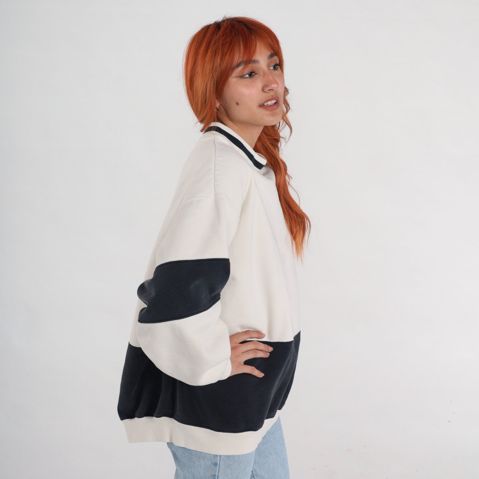 90s Hunt Club Color Block Sweatshirt Black White Ringer Crewneck Extra Large XL