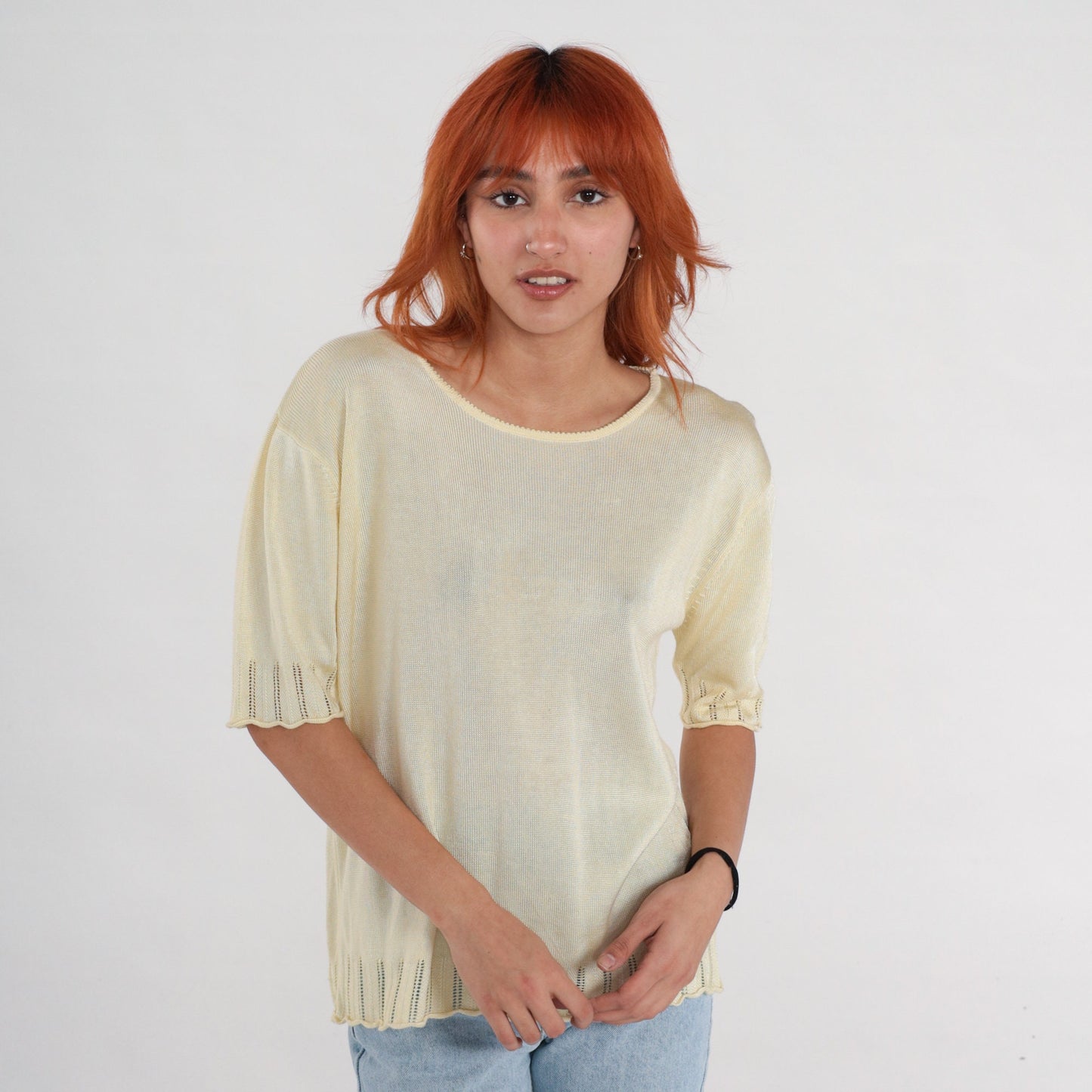 90s Pale Yellow Knit Cutout Blouse Short Sleeve Medium