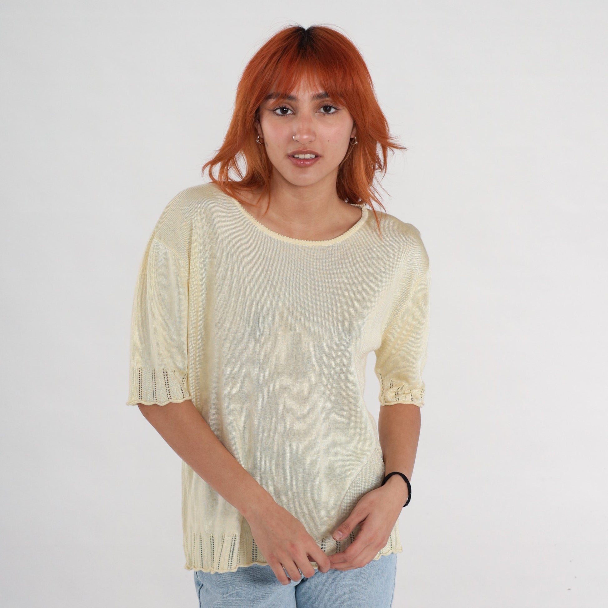 90s Pale Yellow Knit Cutout Blouse Short Sleeve Medium