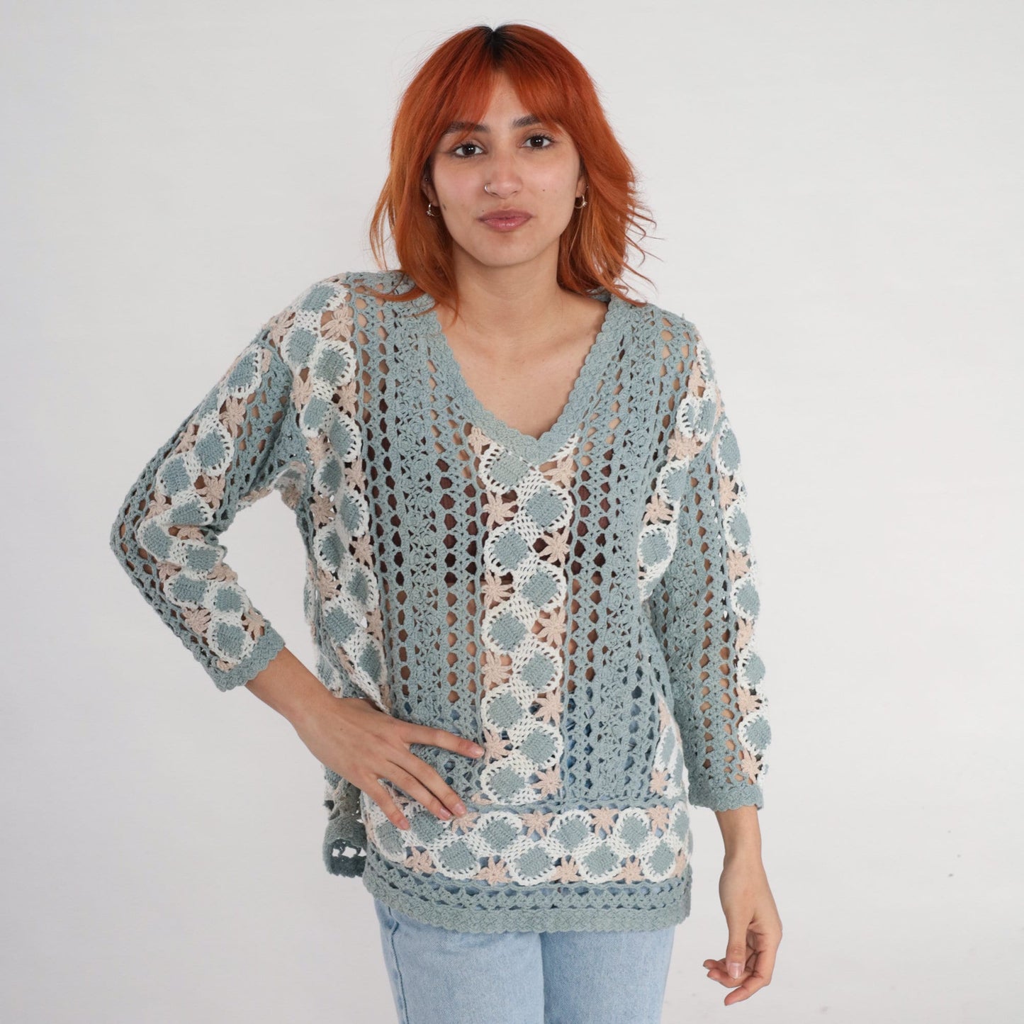 00s Blue Crochet V-Neck Sweater Sheer Cutwork Knit Medium