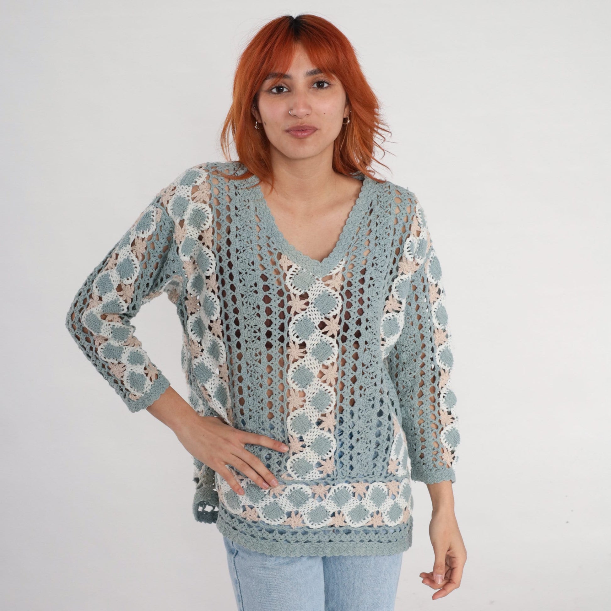 00s Blue Crochet V-Neck Sweater Sheer Cutwork Knit Medium