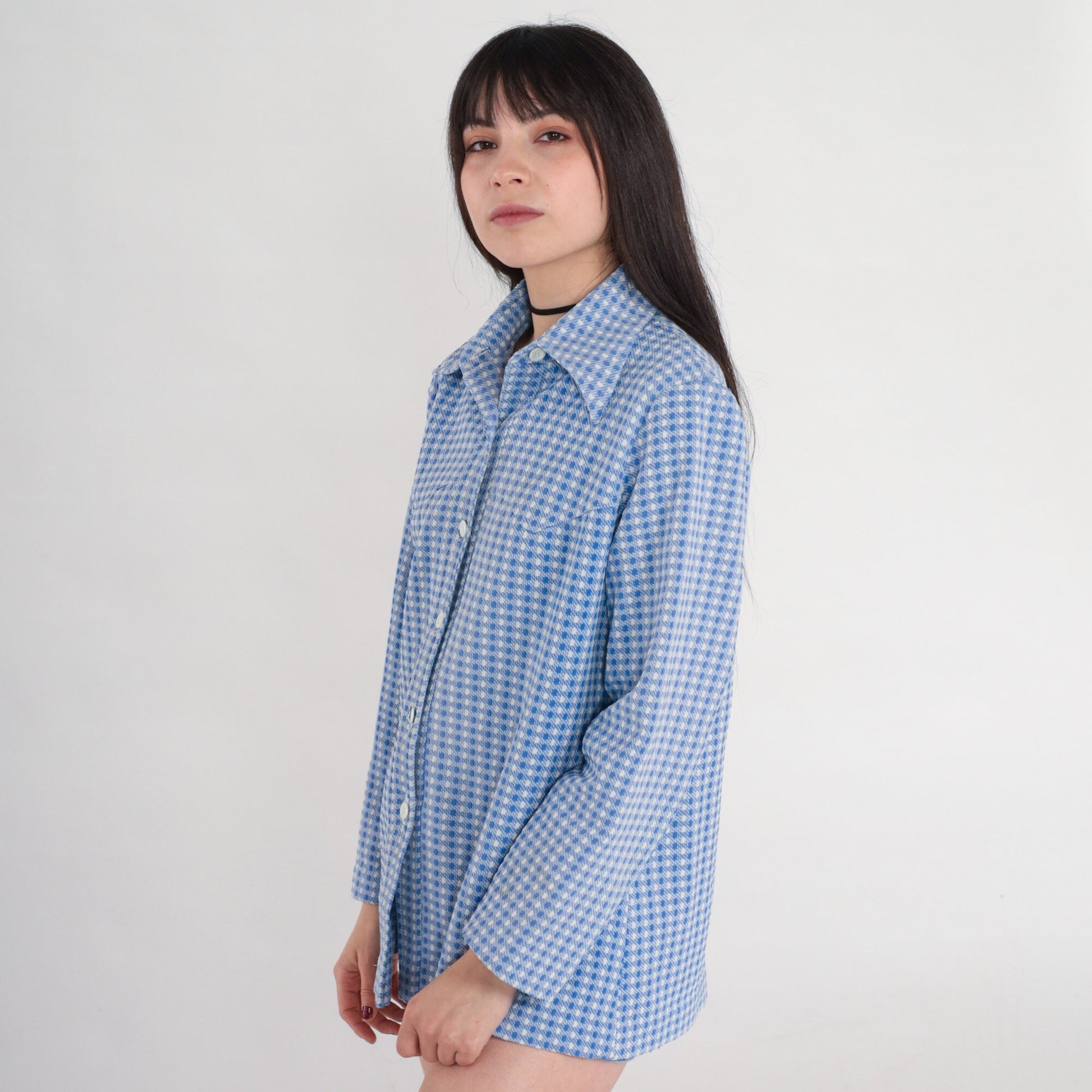 70s Western Shirt Blue Checkered Button-Up Blouse Long Sleeve Medium Large