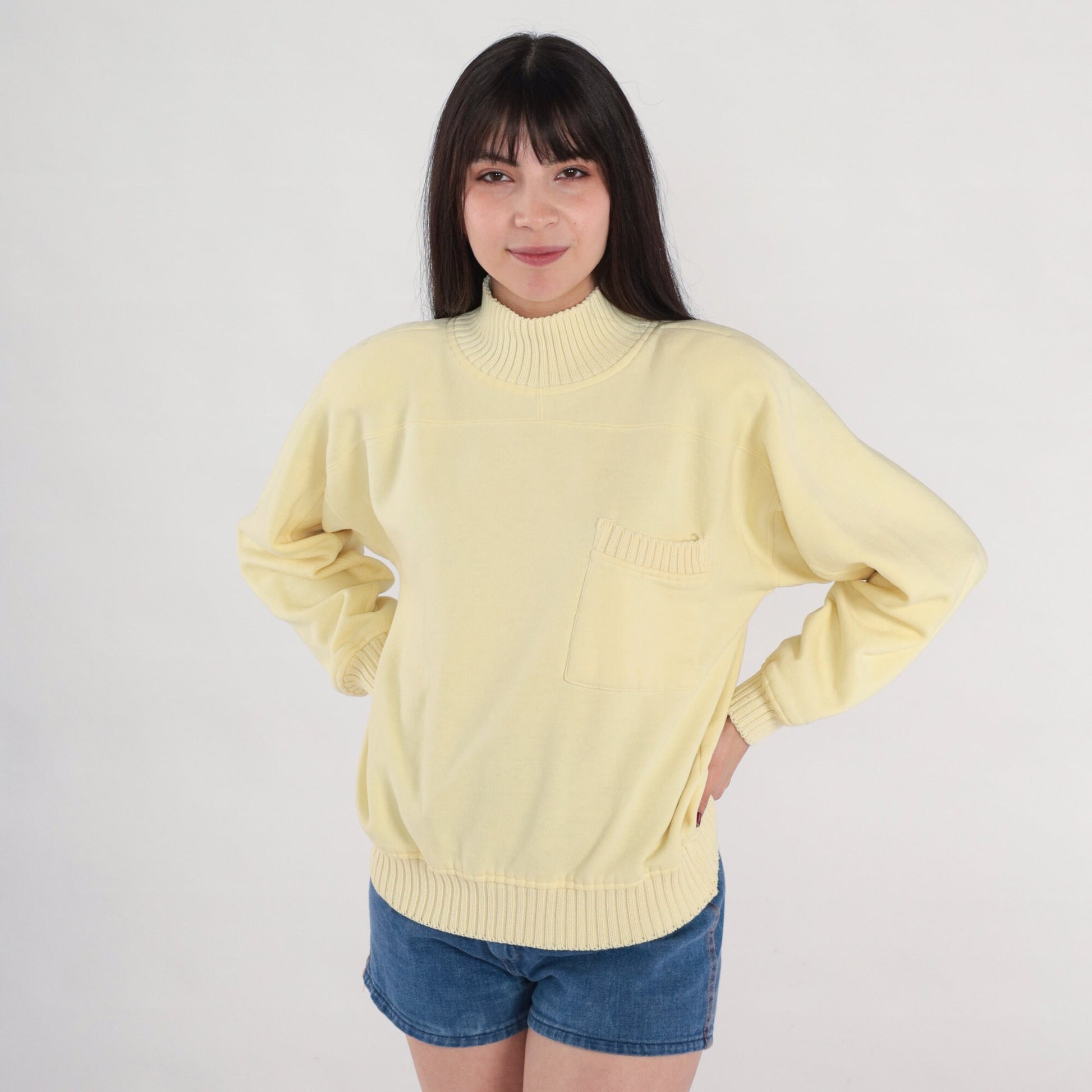 80s Pale Yellow Mockneck Sweatshirt Knit Trim Chest Pocket Medium