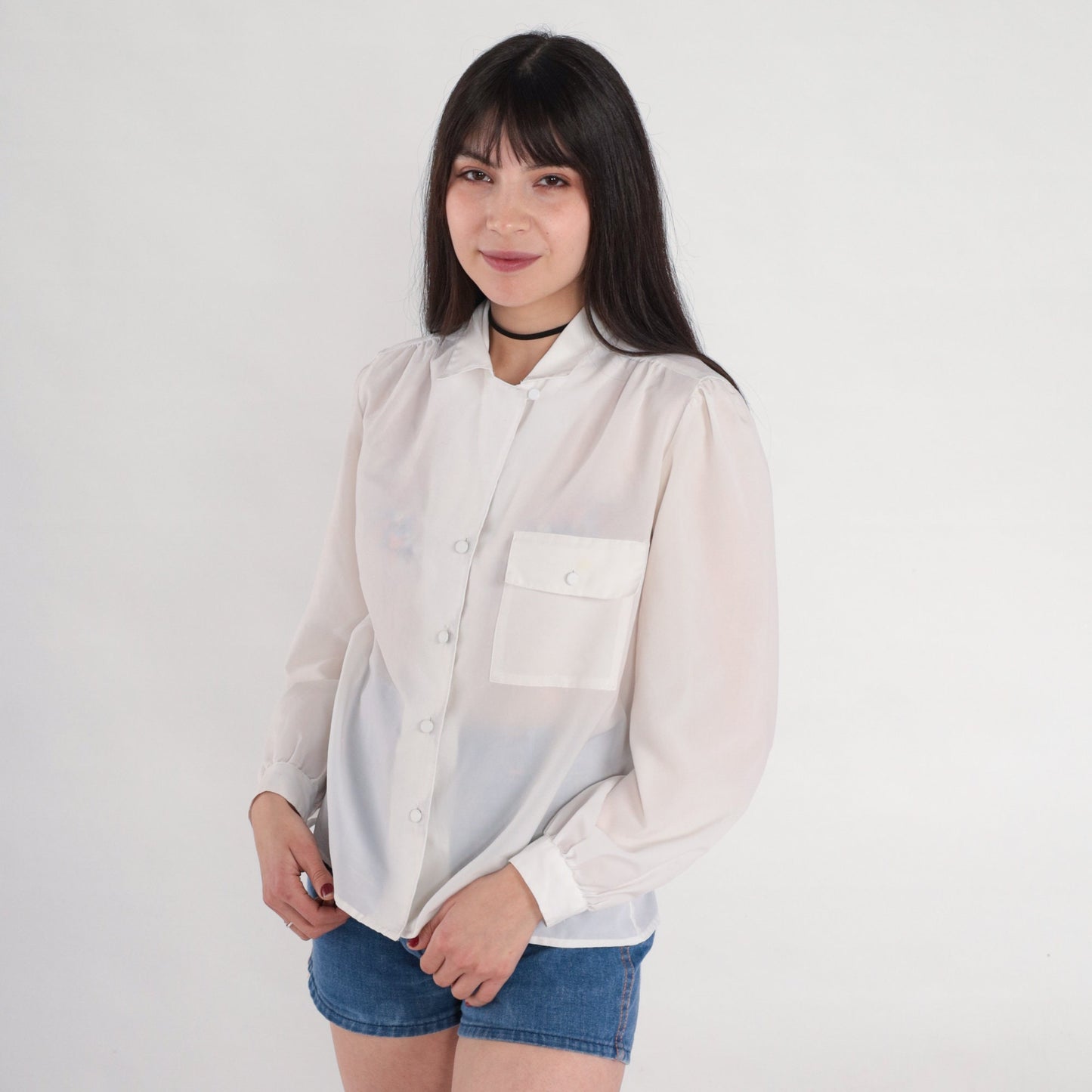 80s White Pleated Blouse Puff Sleeve Collared Button-Up Medium M