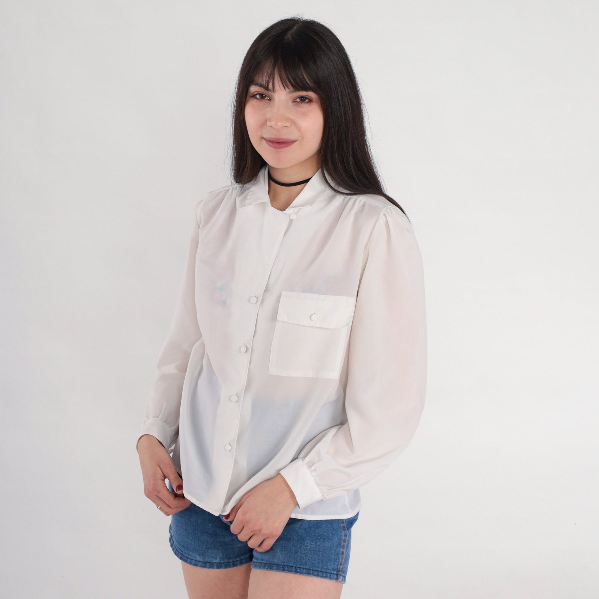 80s White Pleated Blouse Puff Sleeve Collared Button-Up Medium M