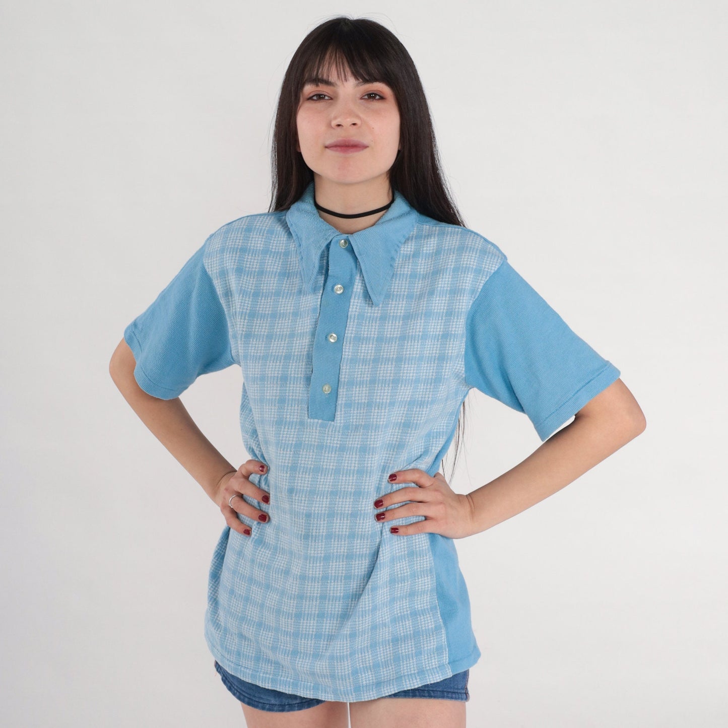 70s Blue Checkered Polo Shirt Collared Short Sleeve Button Up Medium