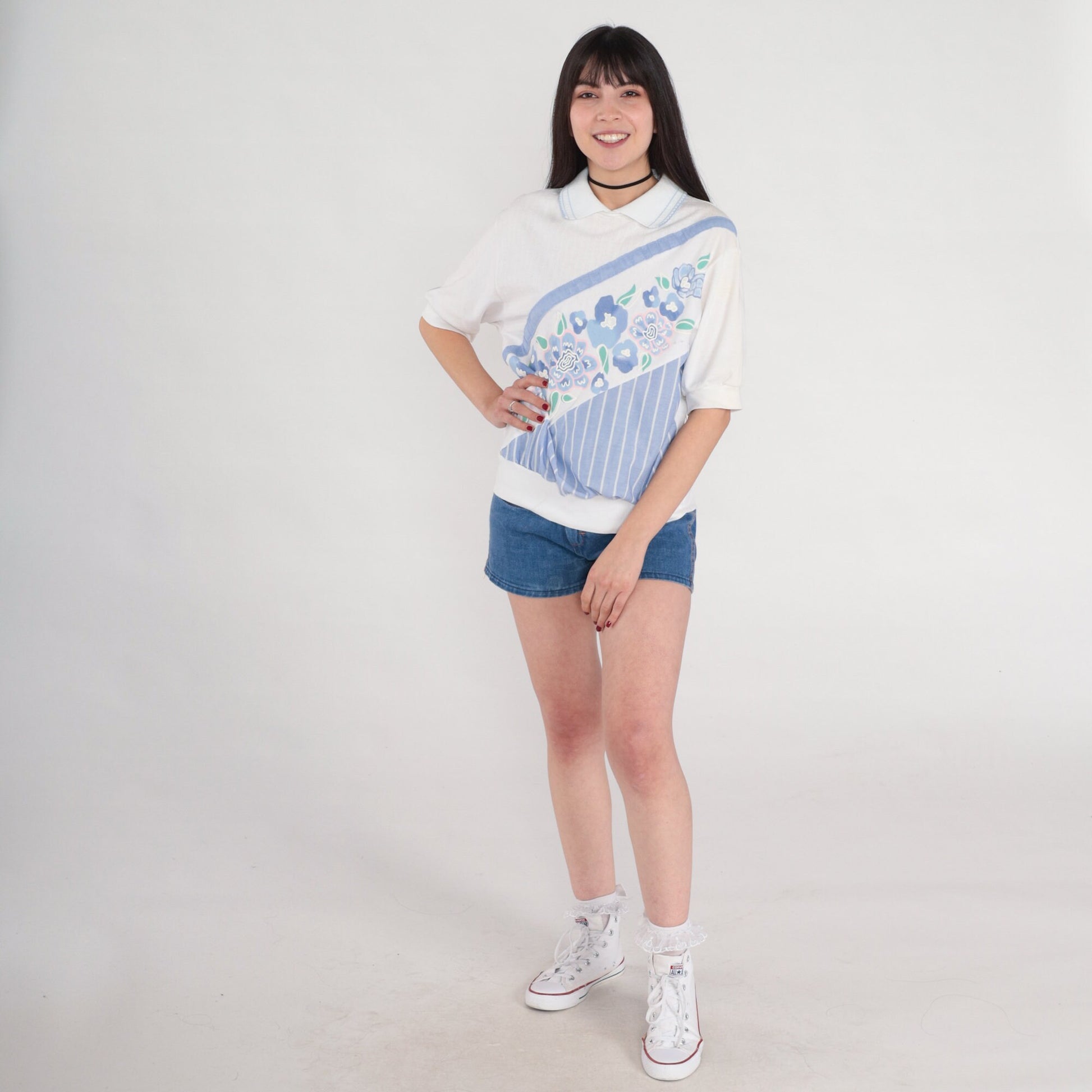 80s Floral Polo Shirt White Blue Striped Ribbed Collar Short Sleeve Medium