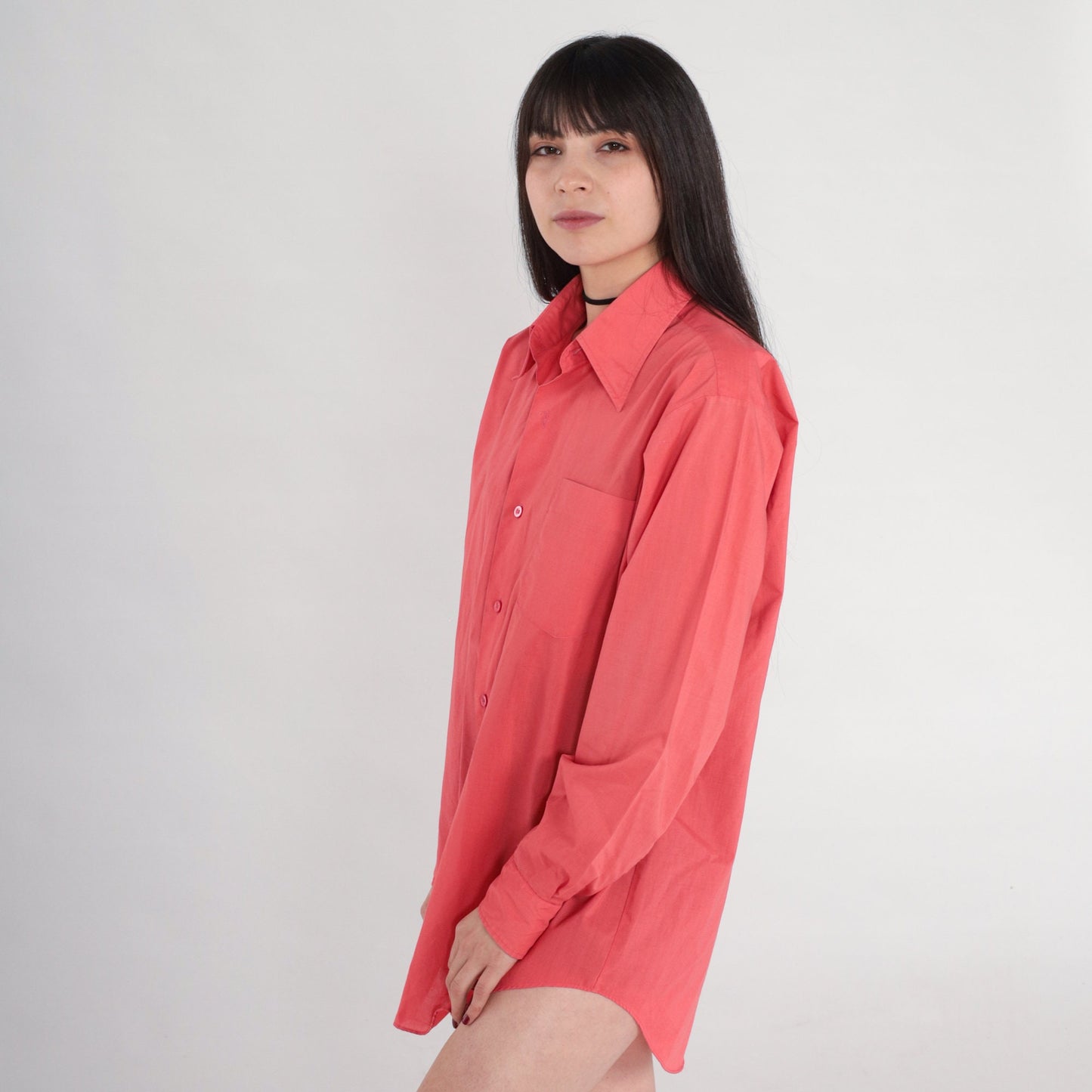 70s Coral Pink Button-Up Shirt Long Sleeve Collared Oxford Large