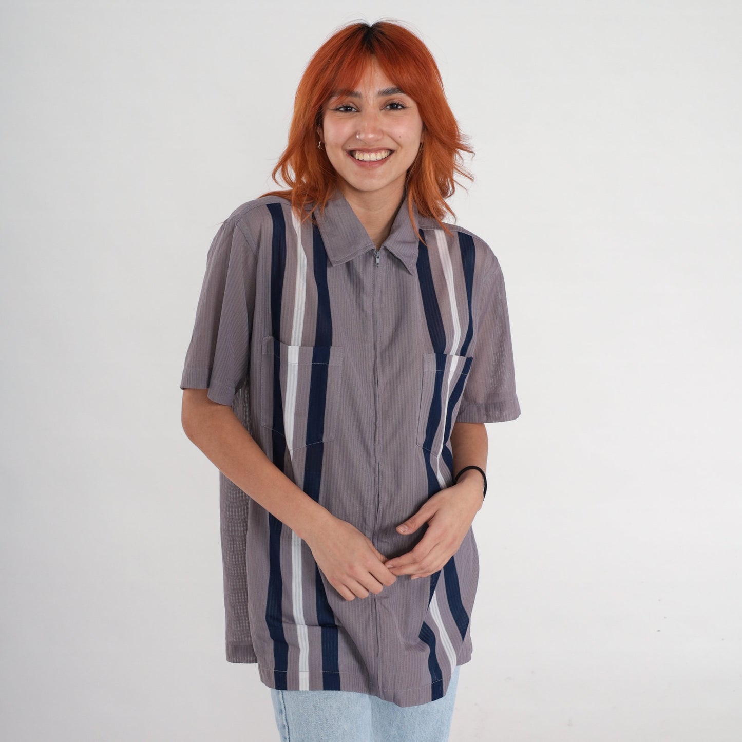 90s Grey Striped Zip-Up Shirt Short Sleeve Semi-Sheer Blouse Medium