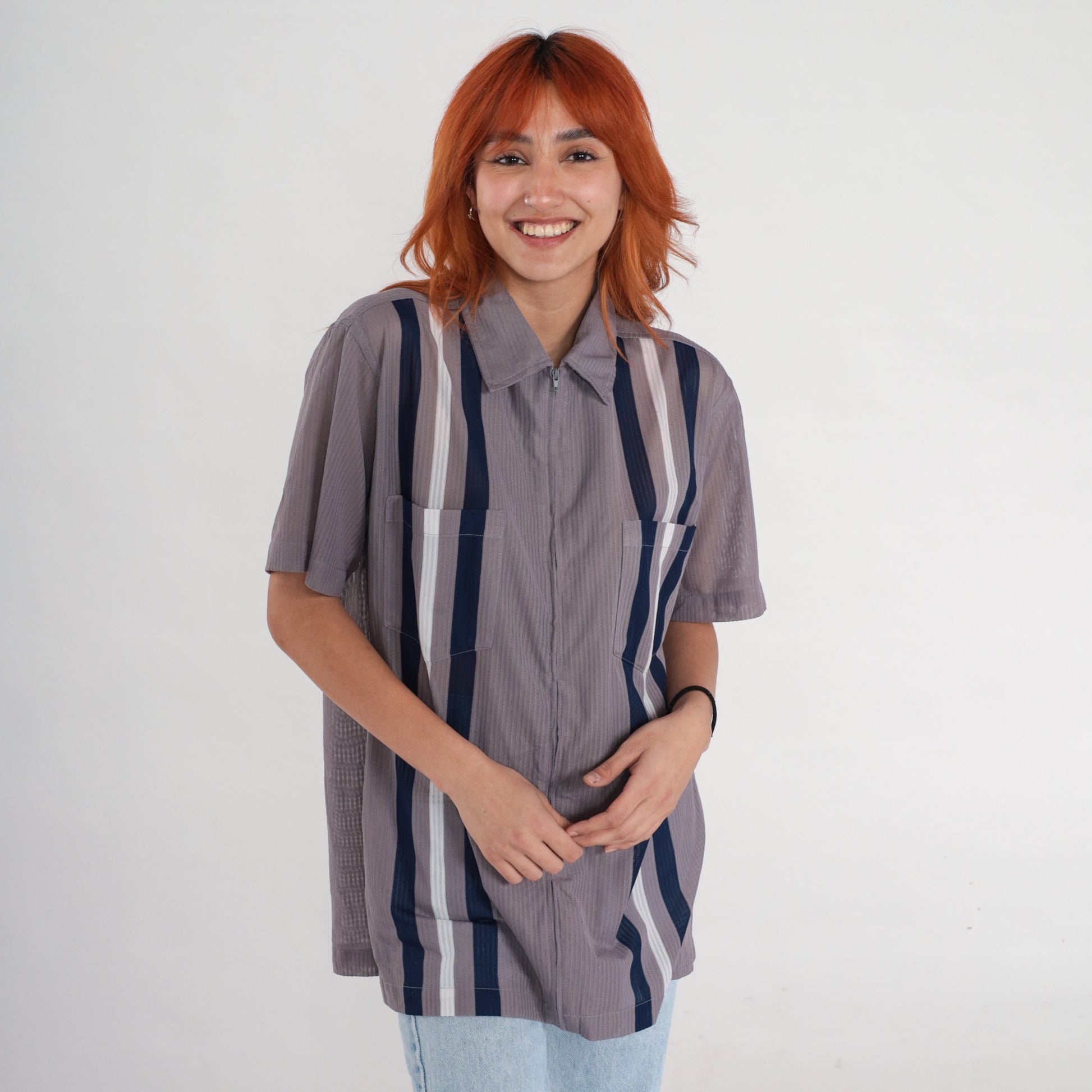 90s Grey Striped Zip-Up Shirt Short Sleeve Semi-Sheer Blouse Medium