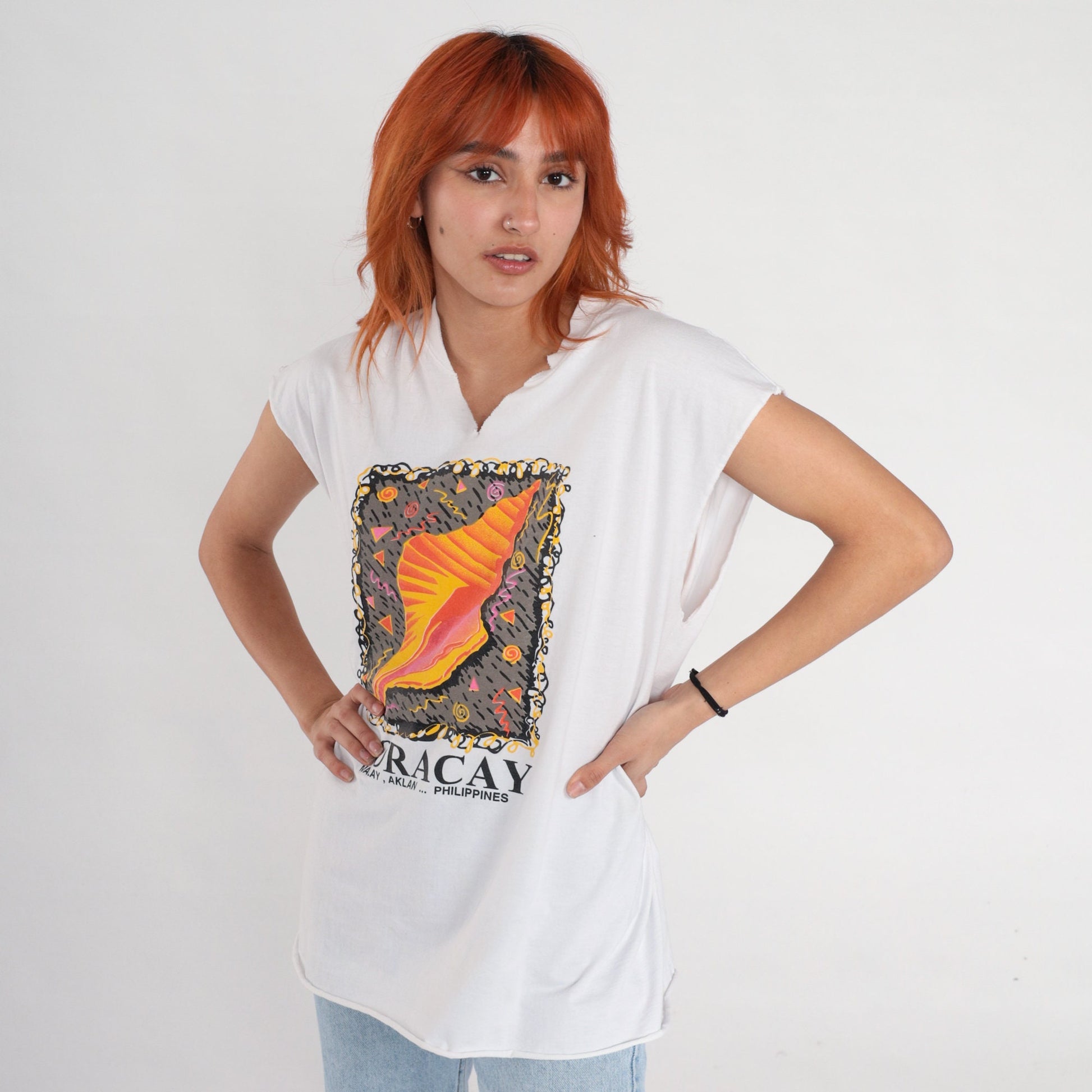00s Boracay Philippines Seashell Graphic Tank Top White Large