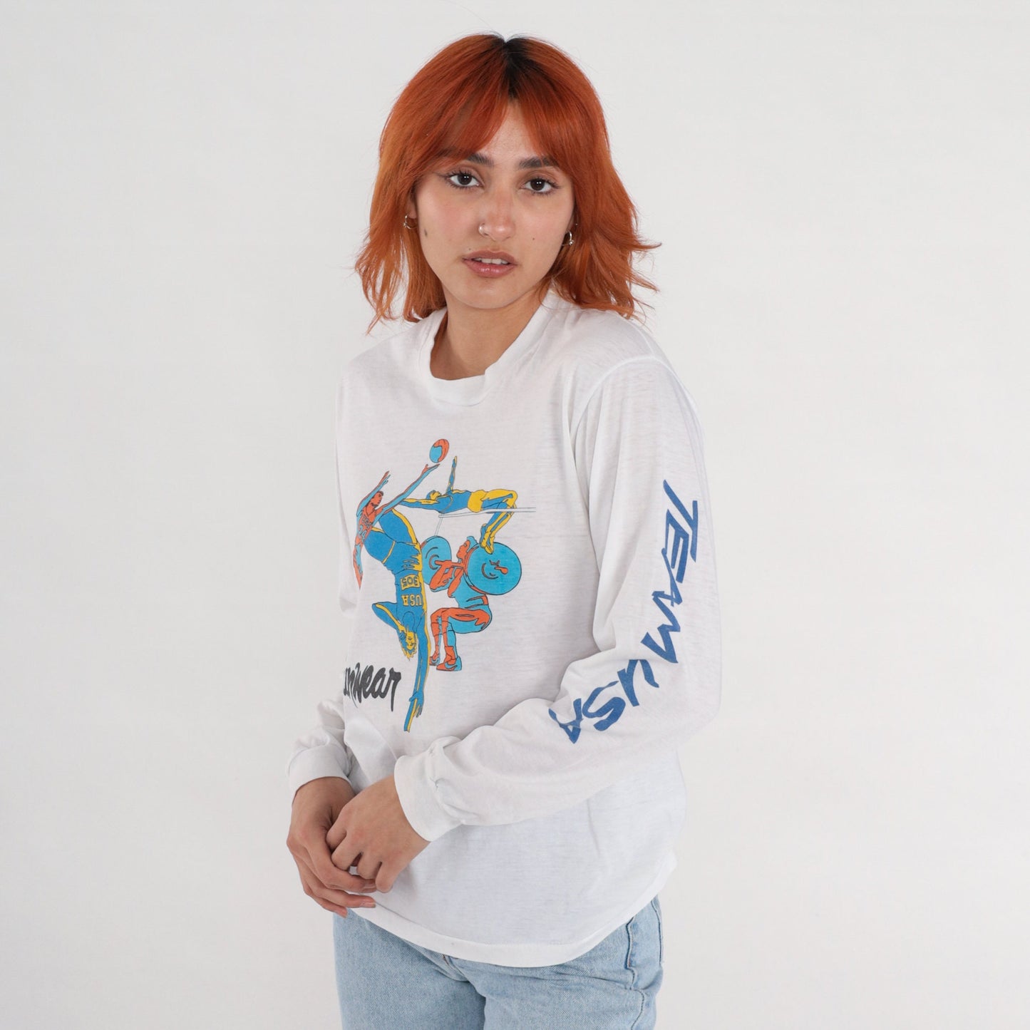90s Funwear Sports Graphic Long Sleeve T-Shirt White Medium