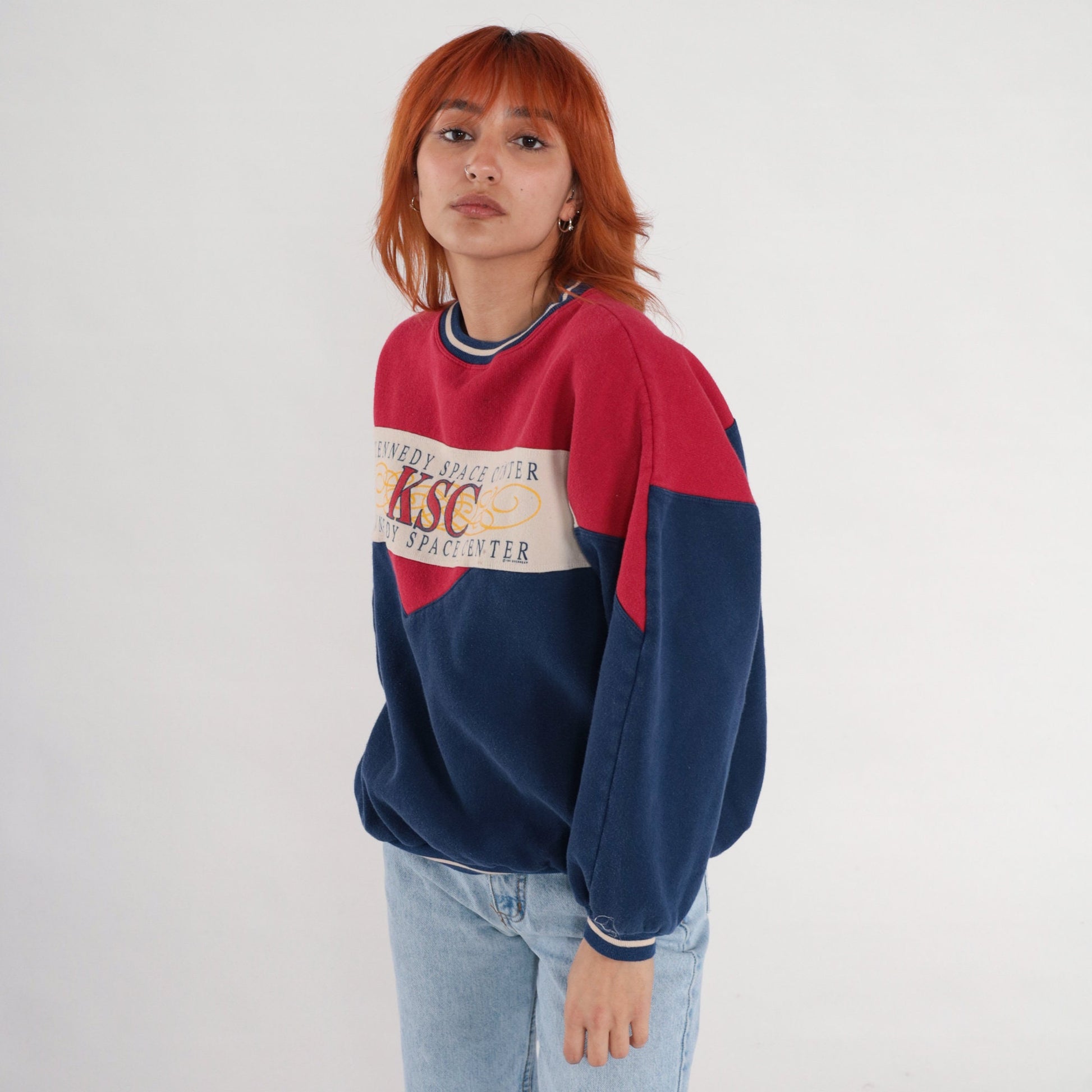 90s Kennedy Space Center Astronaut Graphic Sweatshirt Navy Blue Red Large