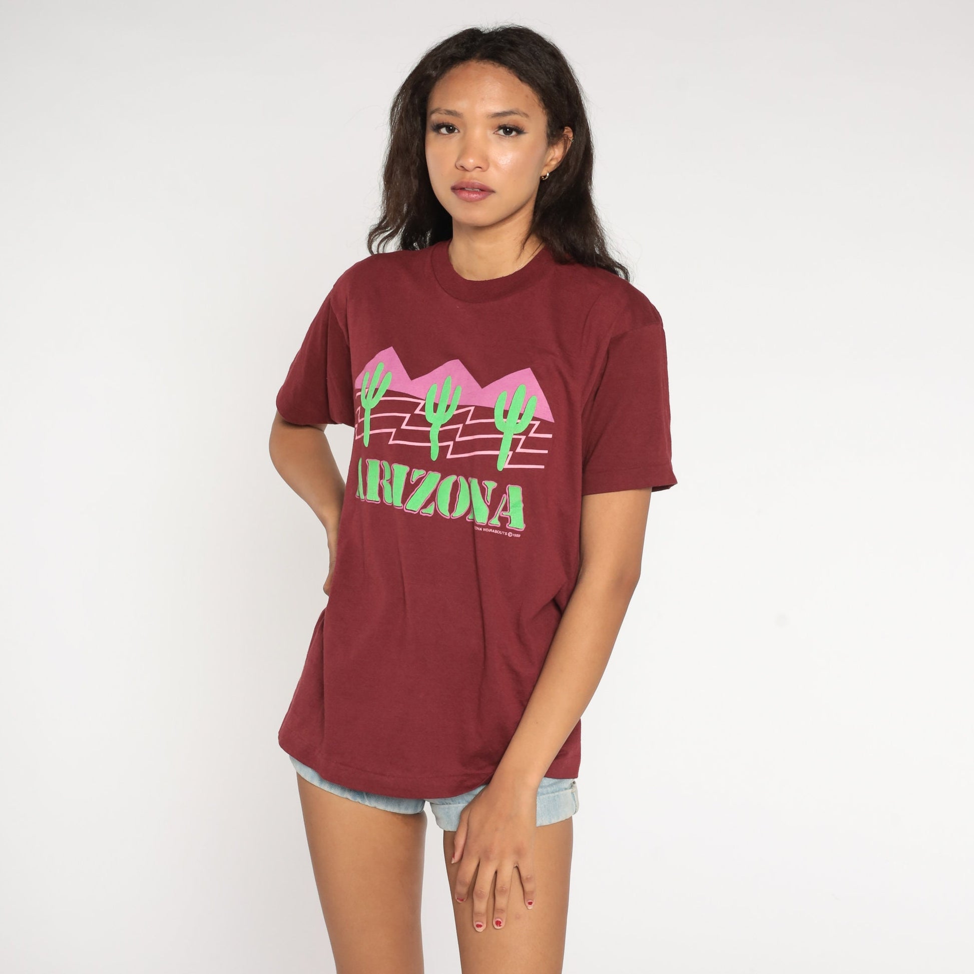 80s Arizona Saguaro Cactus Graphic T-Shirt Burgundy Single Stitch Medium