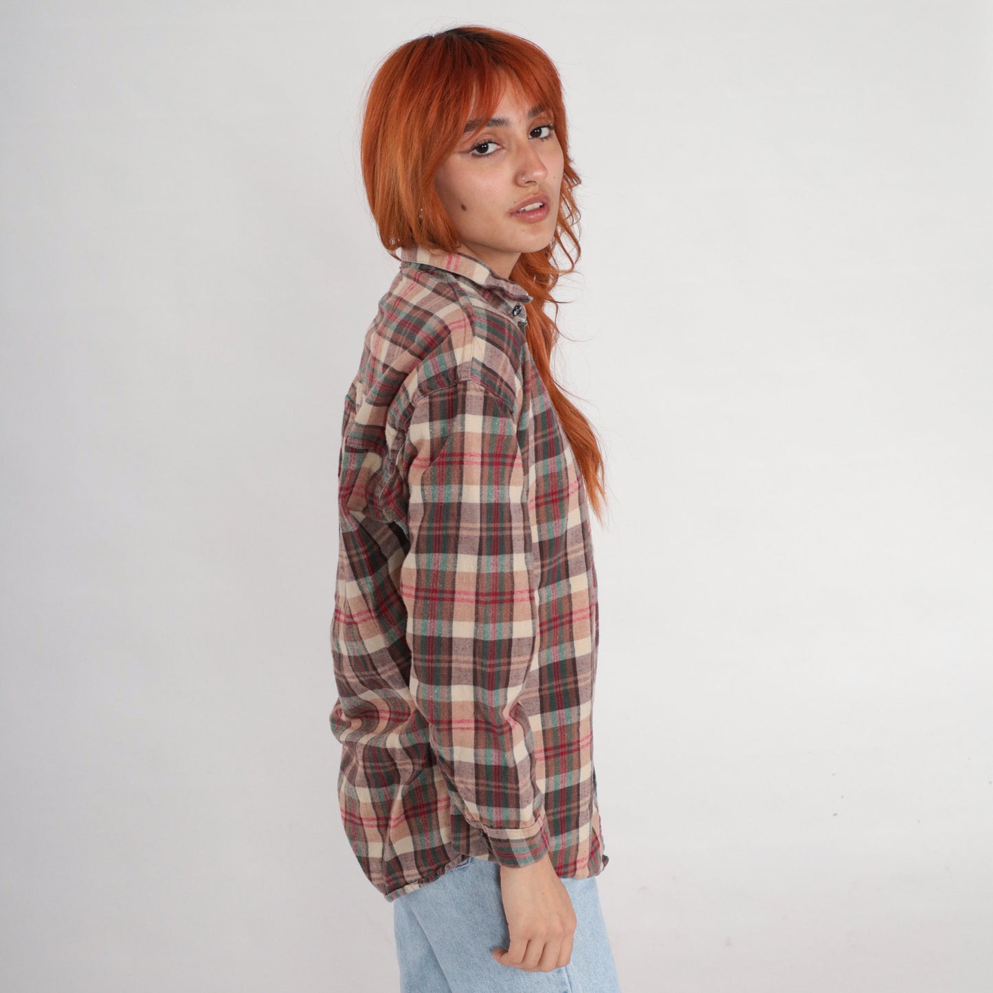 90s Brown Plaid Button-Up Shirt Long Sleeve Checkered Flannel Large L